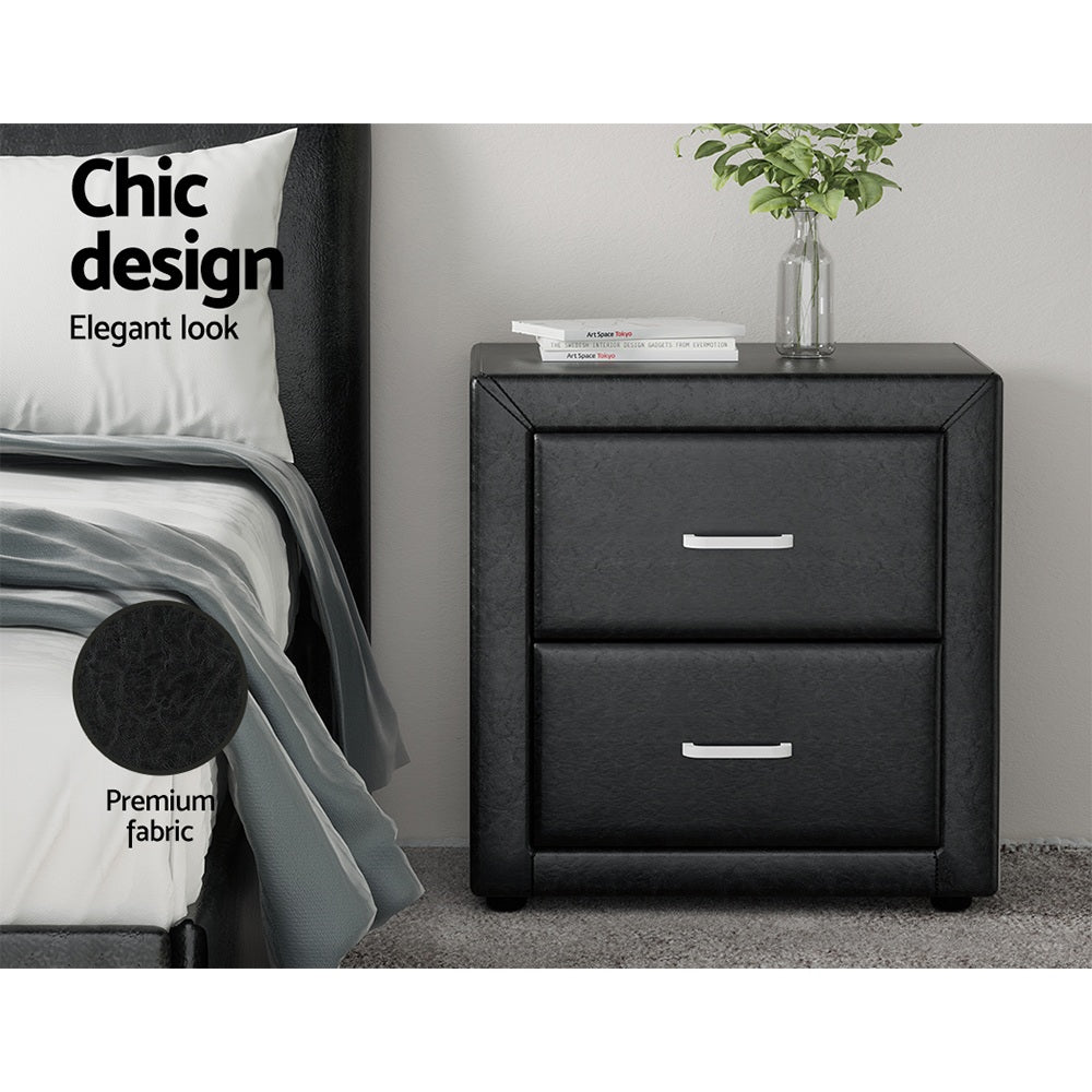 2X Bedside Table 2 Drawers Side Table Leather - CADEN Black
