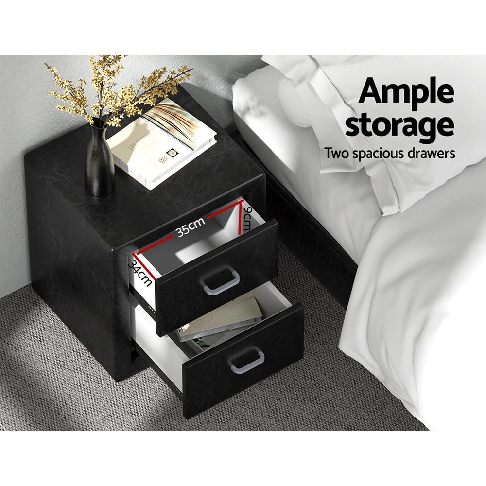 2X Bedside Table 2 Drawers Side Table Leather - CADEN Black