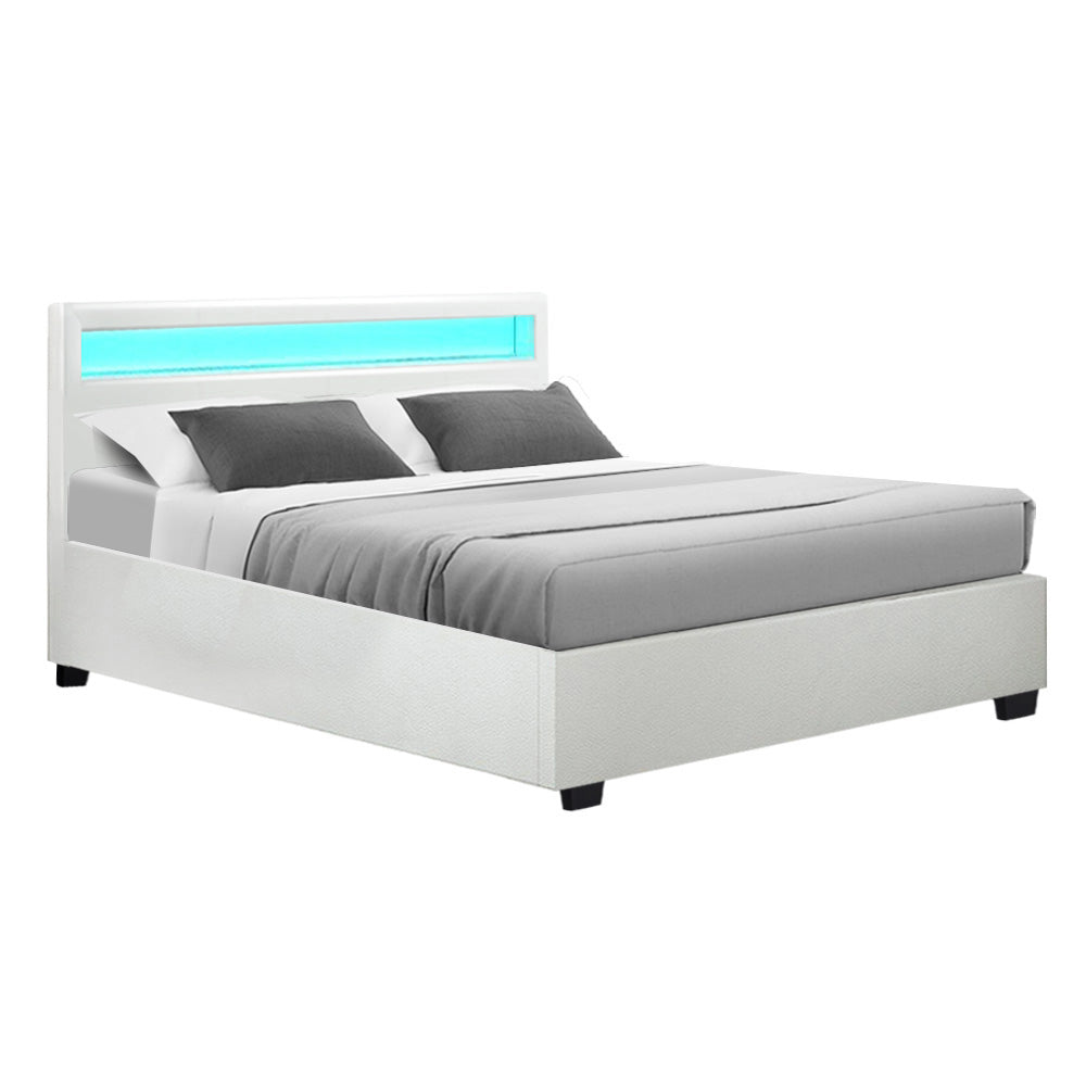 Wanda Queen Gas Lift Storage Bed Frame with LED Lights – White