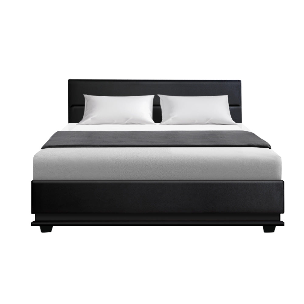 Henley Double Gas Lift Storage Bed Frame with LED Lights – Black with cushioned headboard and sleek black upholstery, shown with bedding.
