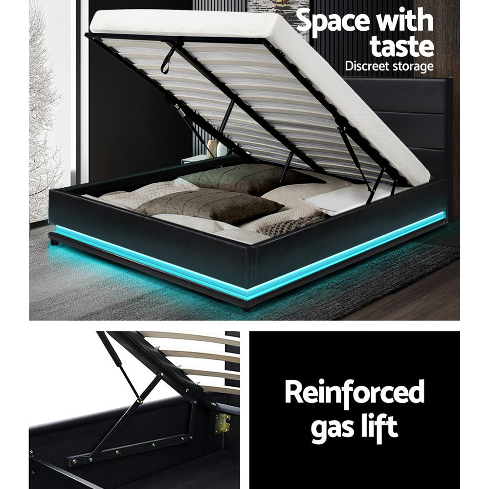 Henley Double Gas Lift Storage Bed Frame with LED Lights – Black