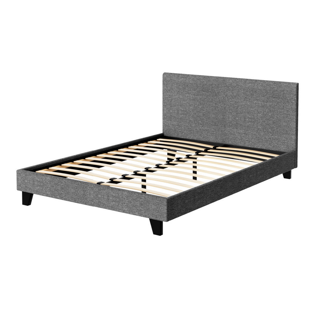 Coogee Double Bed Frame Grey with faux linen upholstery, wooden slats, and tapered black legs for modern bedroom furniture