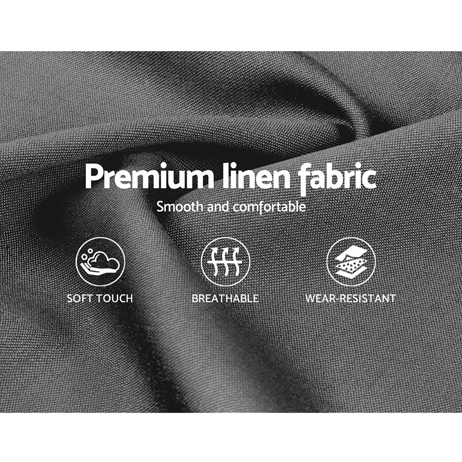 Close-up of premium linen fabric highlighting soft touch, breathable, and wear-resistant qualities for Altona King Bed Frame Grey.