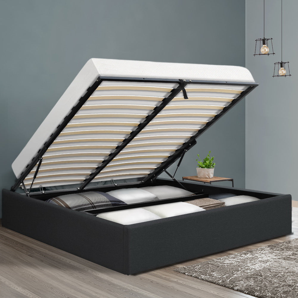 Toki Fabric Double Gas Lift Bed Frame Base with Storage Charcoal