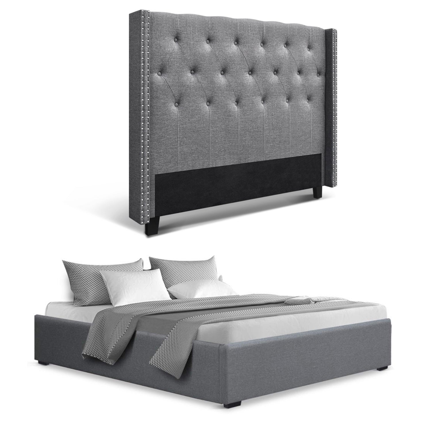 Lucas Queen Gas Lift Storage Bed with Tufted Headboard – Grey