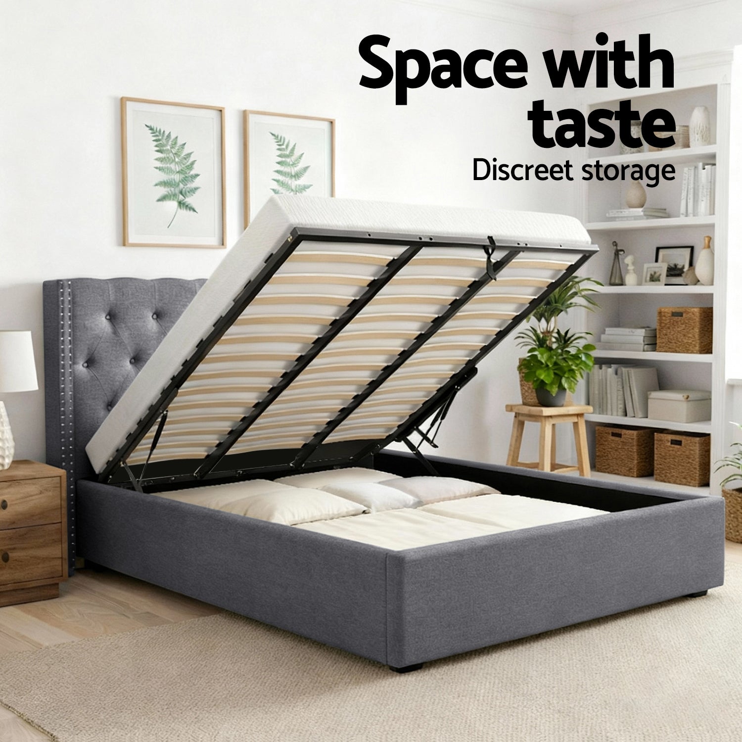 Lucas Queen Gas Lift Storage Bed with Tufted Headboard – Grey