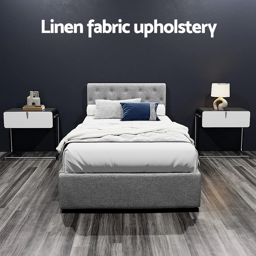 King Single Premium Package | Dorilla Gas Lift Bed Frame Grey, Algarve Euro Top Pocket Spring Mattress (Medium Firm) & Pillowtop Mattress Topper