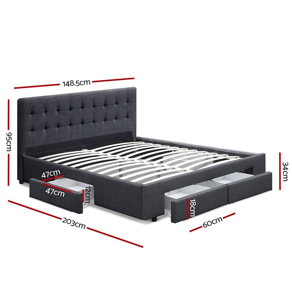 Trinity Double Storage Bed Frame with Drawers – Charcoal, tufted fabric, wooden slats, and under-bed storage drawers.