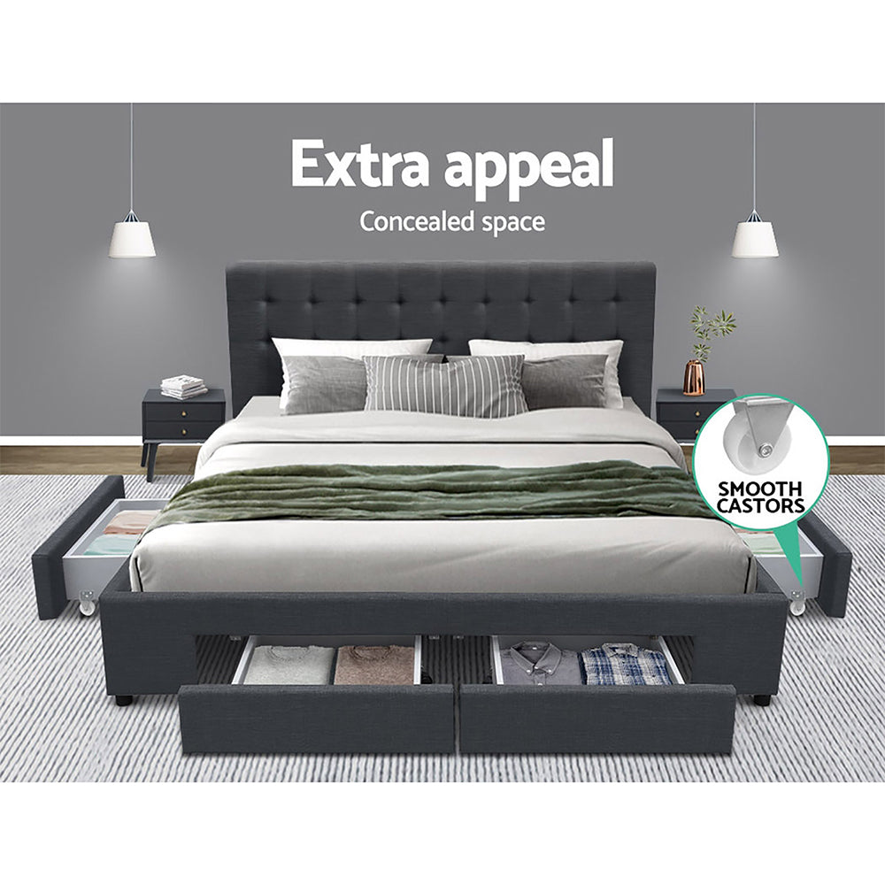 Trinity Double Storage Bed Frame with Drawers – Charcoal with tufted headboard, built-in storage drawers, and smooth castor wheels