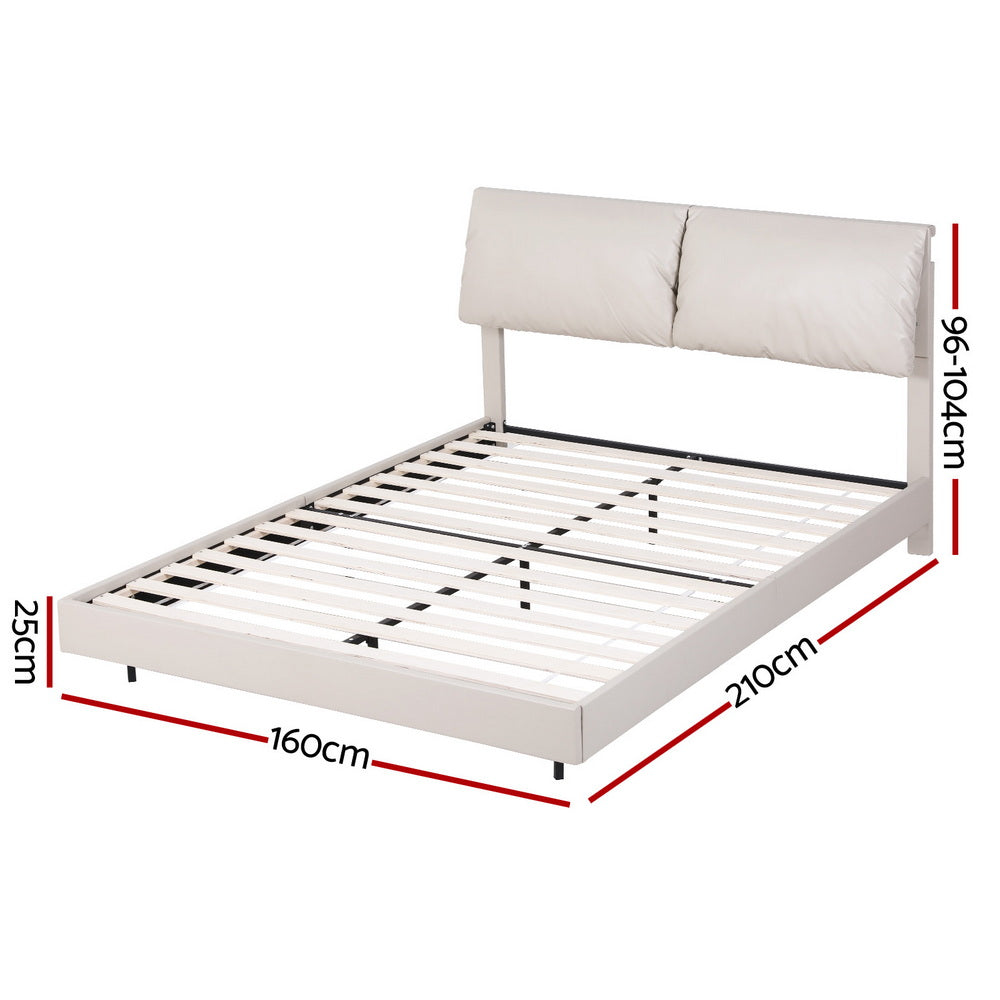 Daylight Queen Floating LED Bed Frame – Beige White with padded headboard, wooden slats, and built-in LED lighting