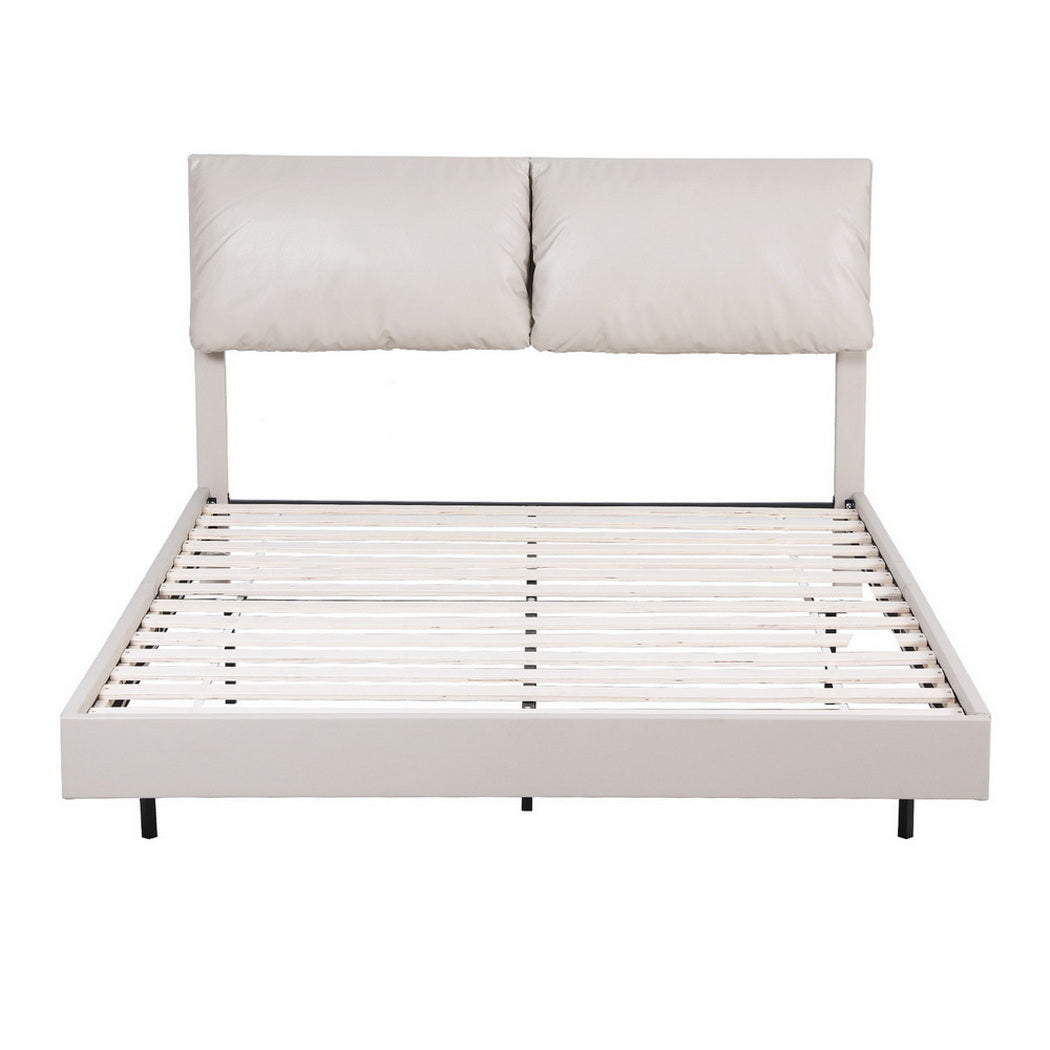 Daylight Queen Floating LED Bed Frame – Beige White with padded headboard and wooden slats, modern bedroom furniture by Bedzy