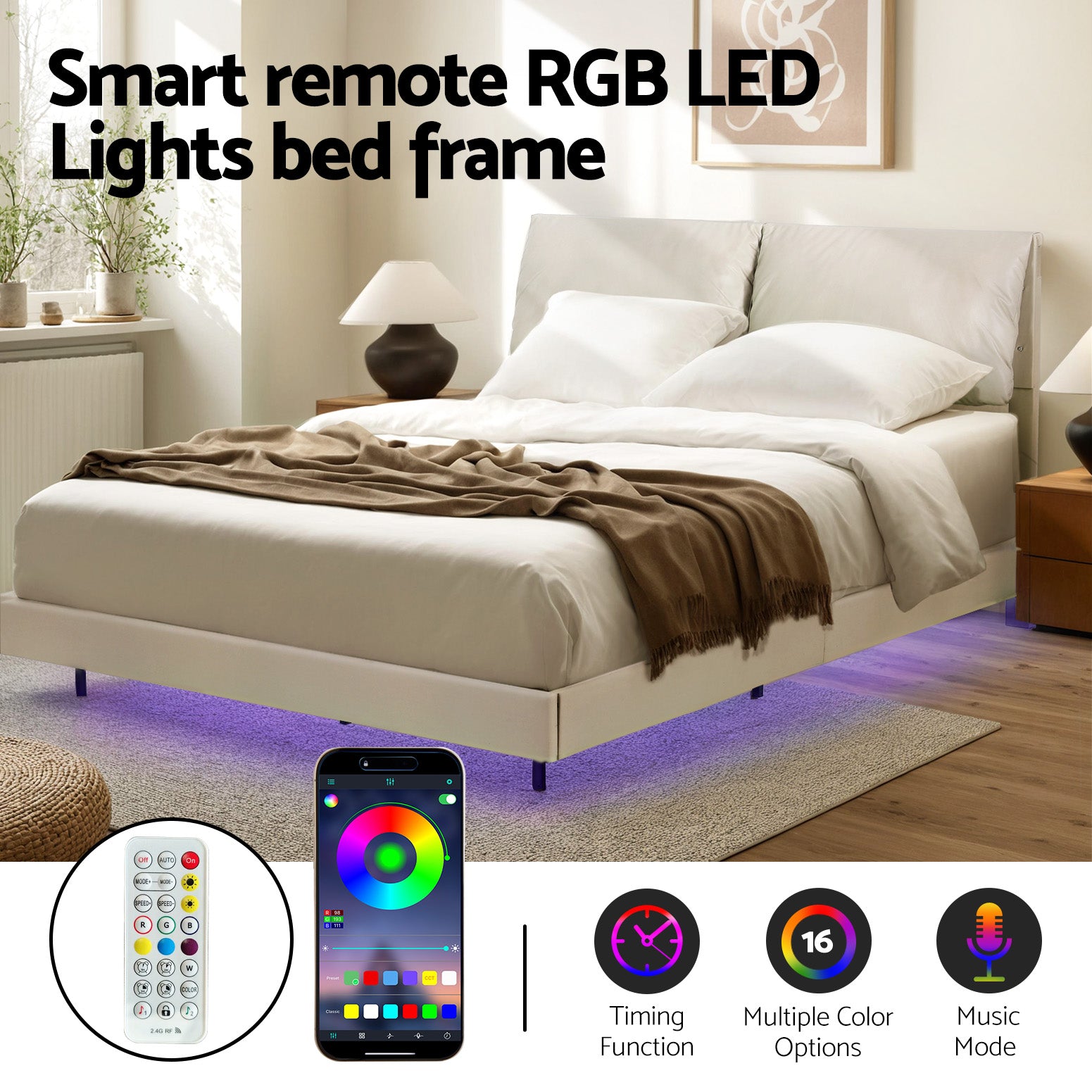 Daylight Queen Floating LED Bed Frame – Beige White with RGB lighting, remote control, and floating modern bedroom furniture design