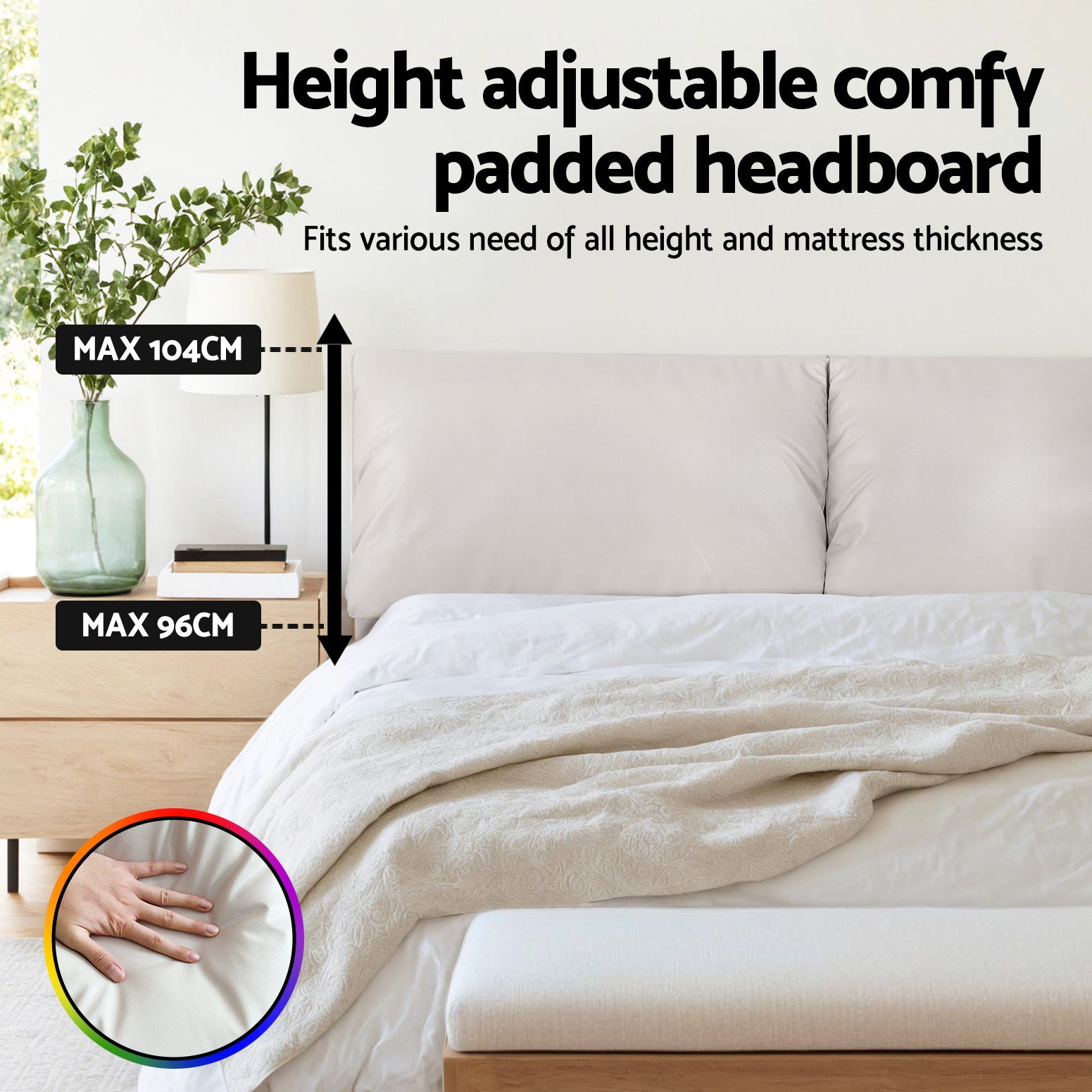 Daylight Queen Floating LED Bed Frame – Beige White with adjustable padded headboard and soft fabric texture in bedroom setting