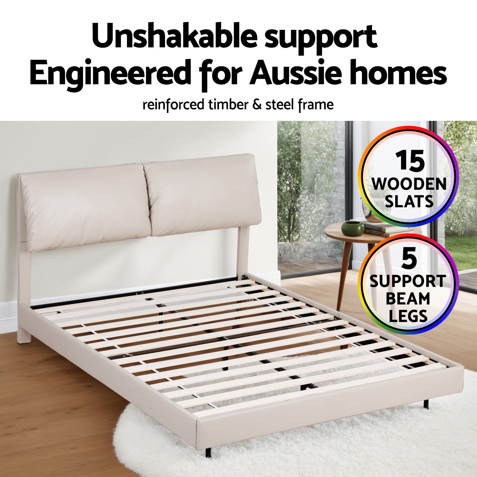 Daylight Queen Floating LED Bed Frame – Beige White with reinforced timber, steel frame, 15 wooden slats, and 5 support legs