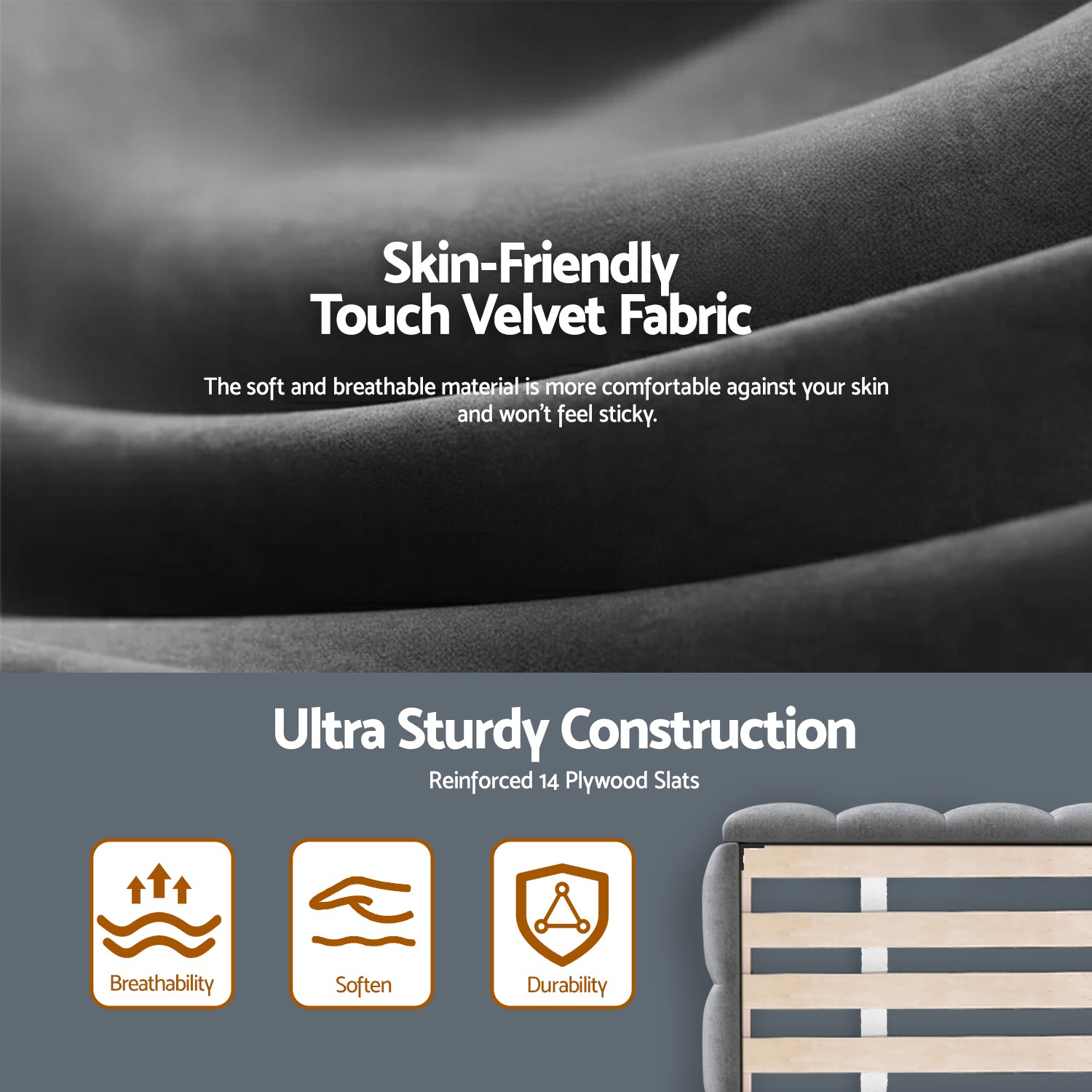 King Size Bed Frame Plush Soft Headboard Velvet Platform Base for Modern Bedrooms Grey