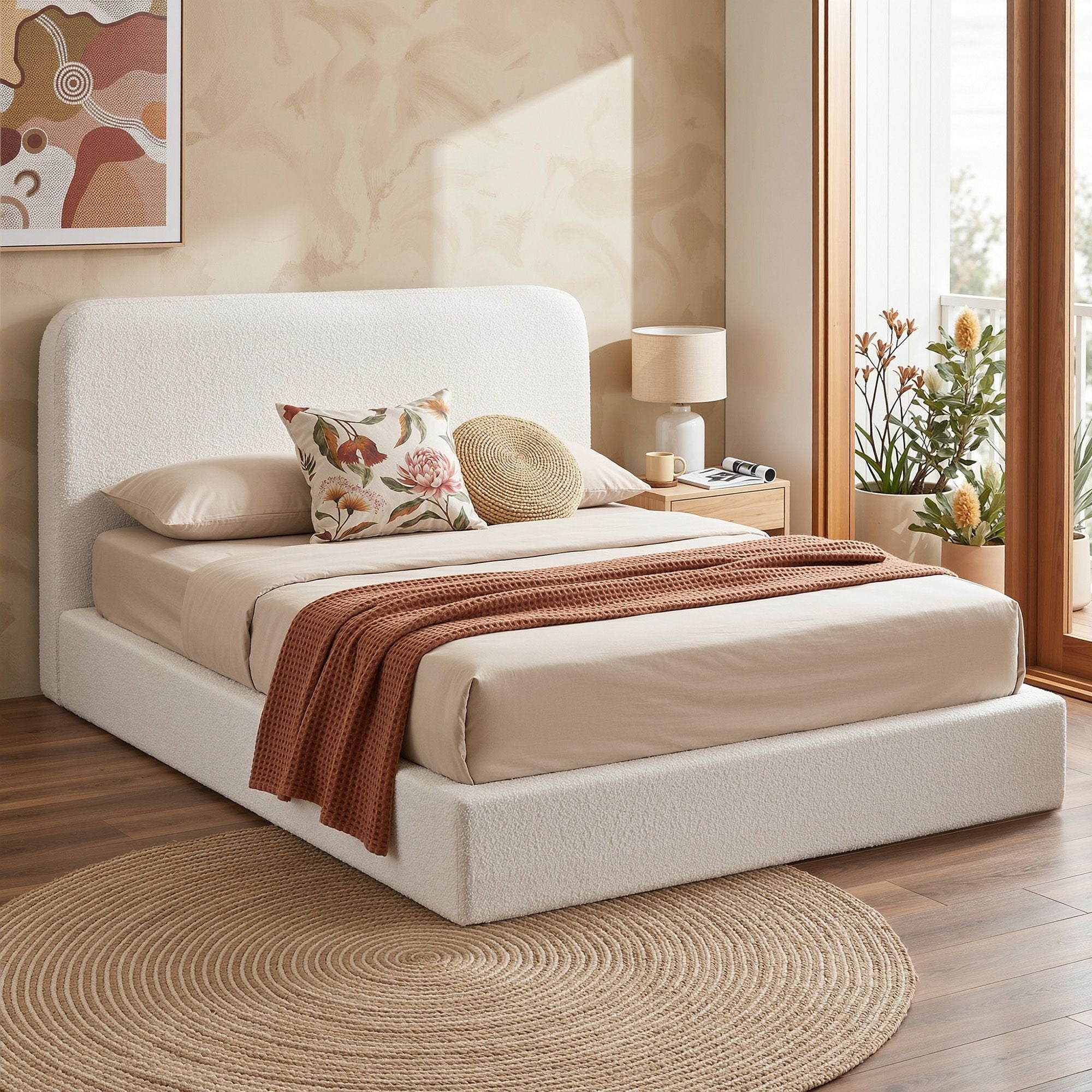 Instant-Setup Queen Bed Frame with Boucle Fabric, Vacuum Compressed, No Assembly - Teddy Velvet