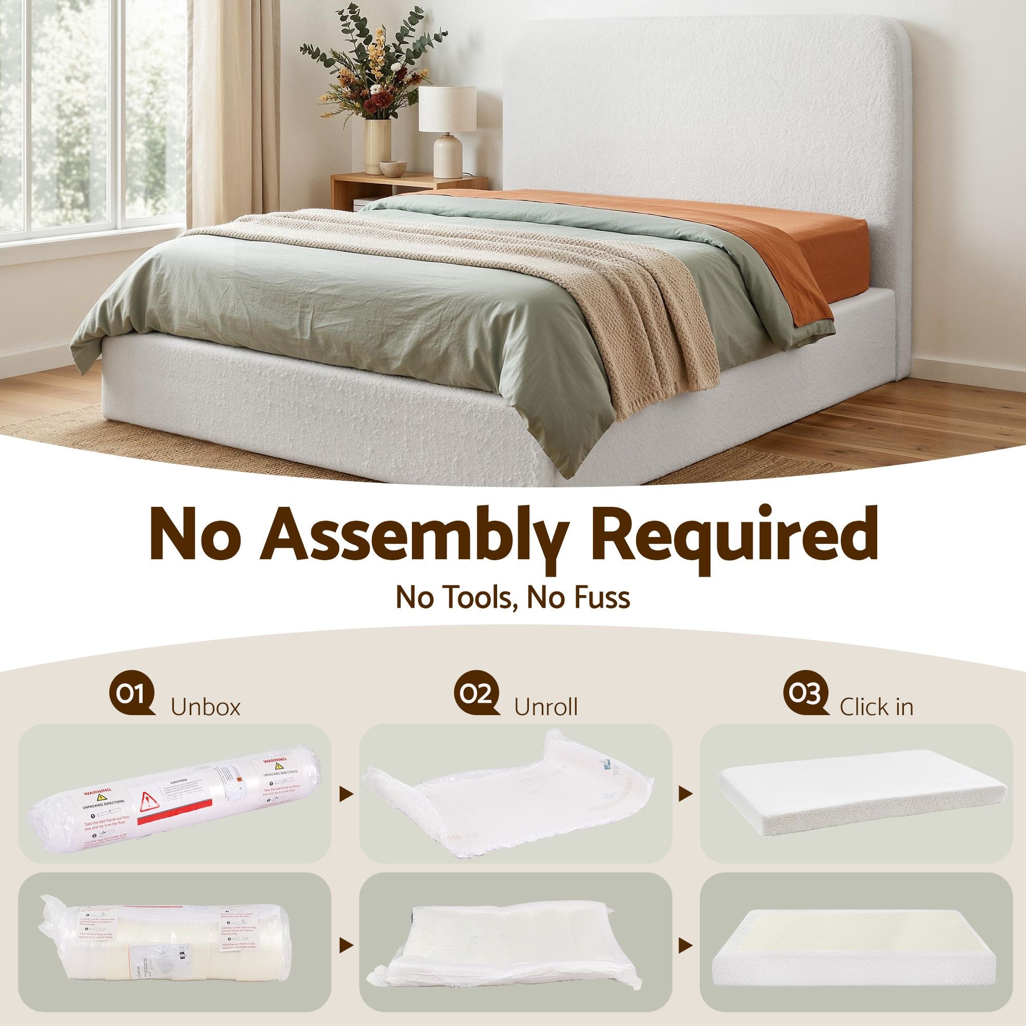 Instant-Setup Queen Bed Frame with Boucle Fabric, Vacuum Compressed, No Assembly - Teddy Velvet