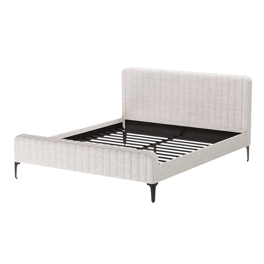 Burleigh King Bed Frame Beige with upholstered headboard and footboard, metal legs, and wooden slats for mattress support