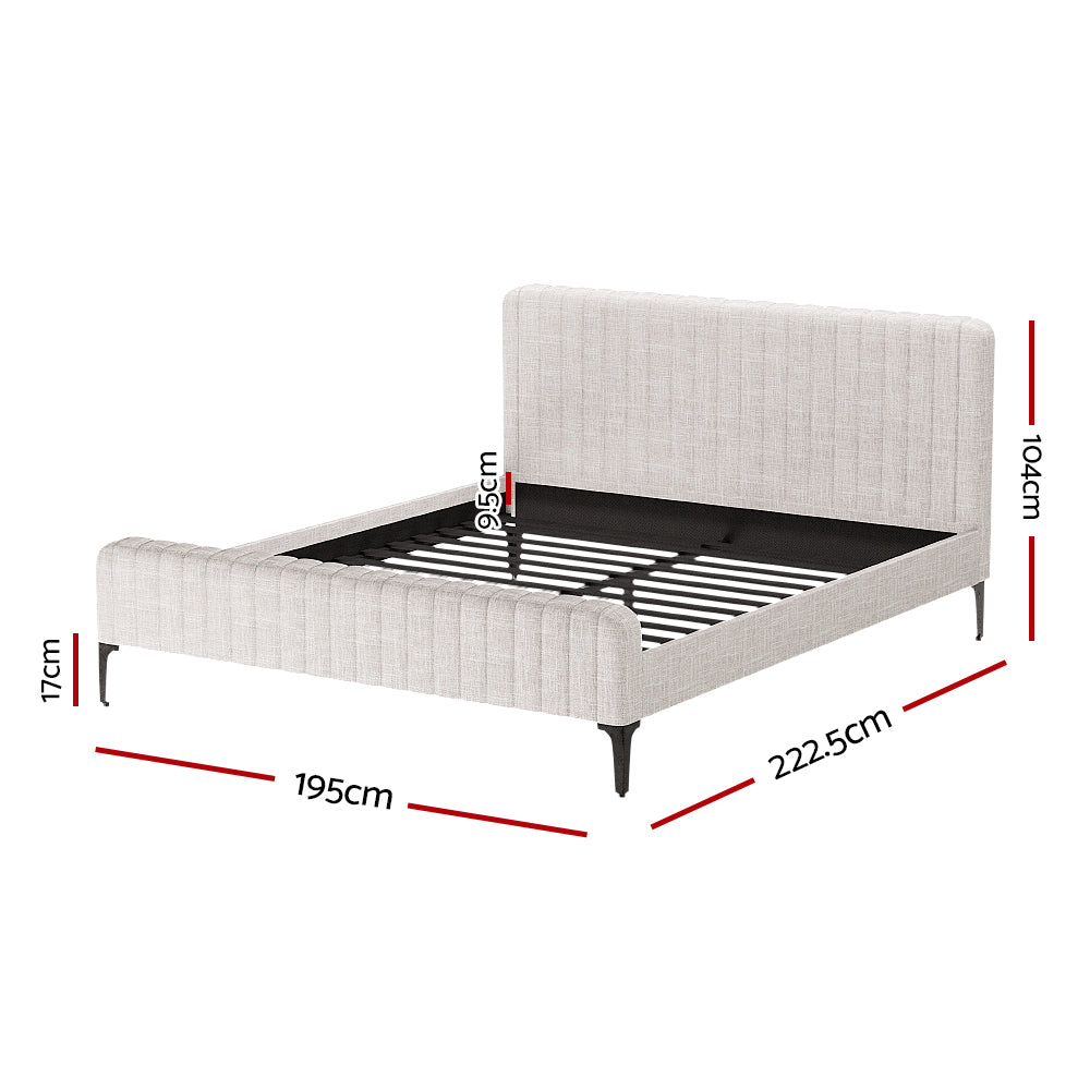 Burleigh King Bed Frame Beige with upholstered headboard, wooden slats, and metal legs in a modern bedroom furniture style