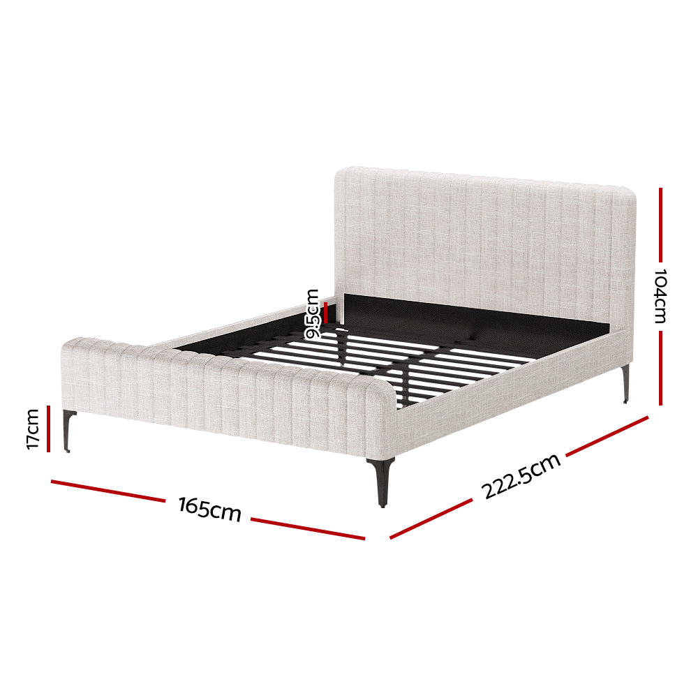 Burleigh Queen Bed Frame Beige in faux linen fabric with padded headboard and metal legs, shown with dimensions.