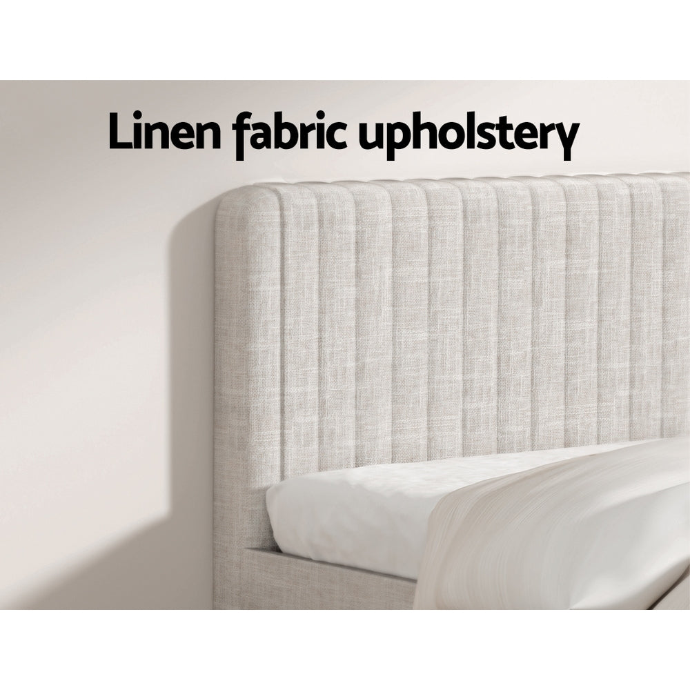 Burleigh Queen Bed Frame Beige with linen fabric upholstery and vertical channel tufted headboard in bedroom setting