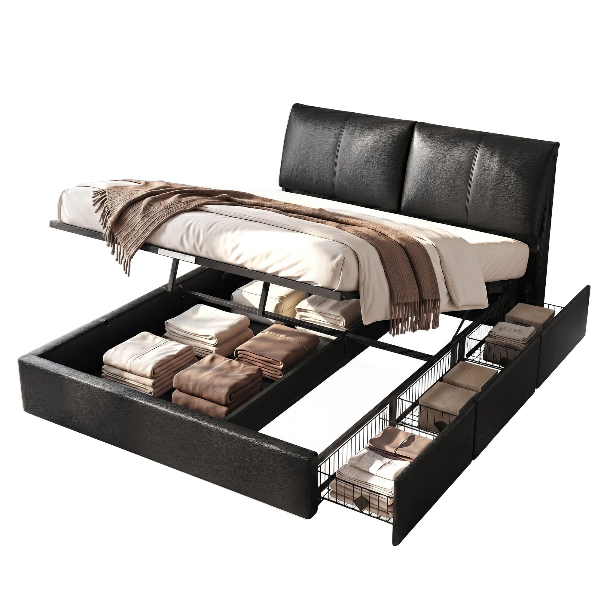 King Bed Frame Gas Lift Storage 3 Drawers Adjustable Headboard Platform Bed Black