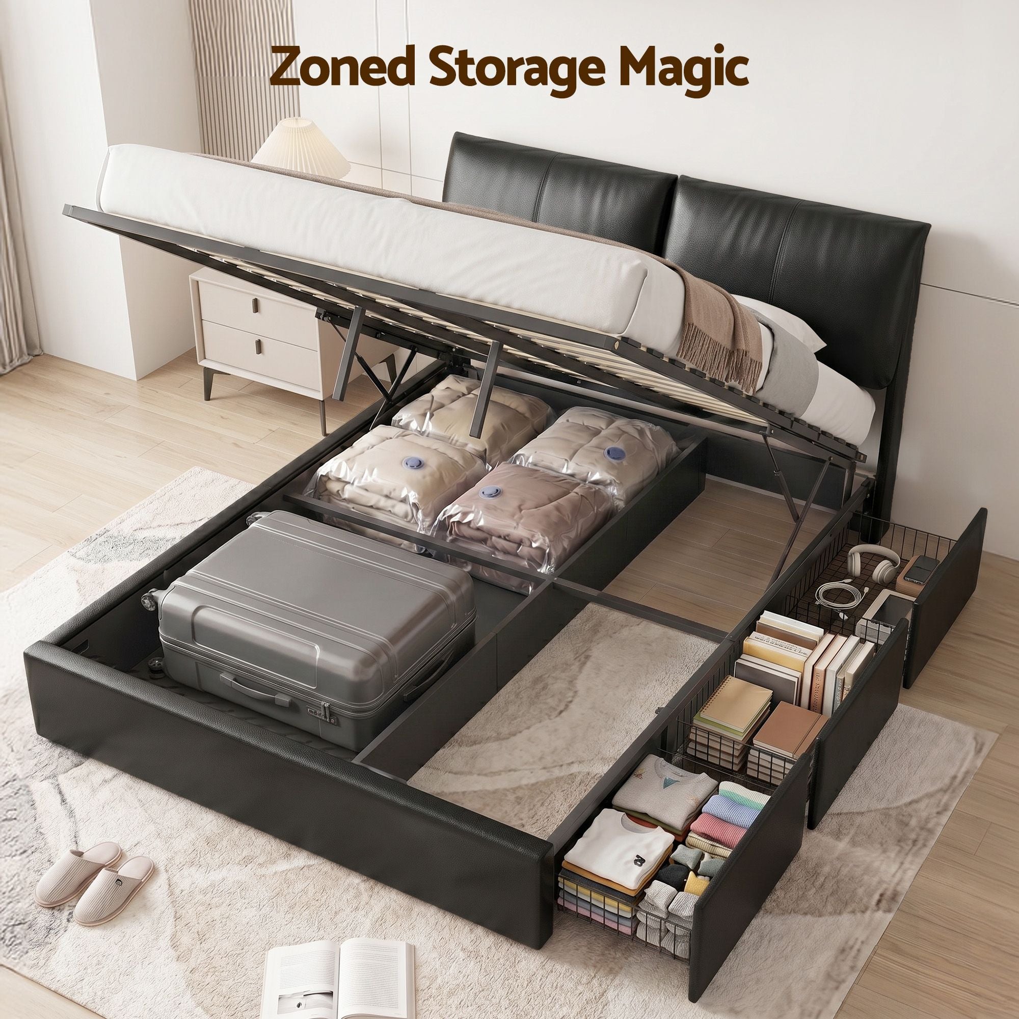 Queen Bed Frame Gas Lift Storage 3 Drawers Adjustable Headboard Platform Bed Black