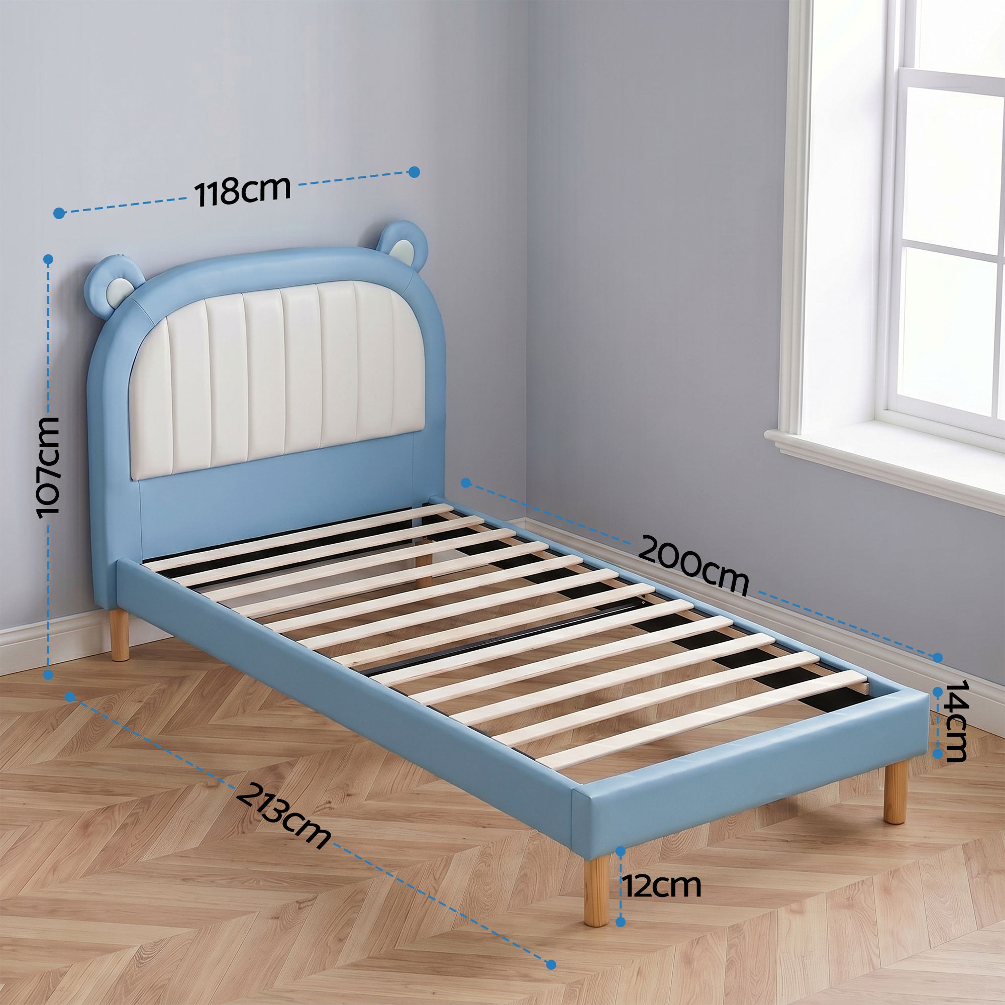 Kids King Single Bed Frame Upholstered Bear Headboard Waterproof Leather Boys Bed 180kg Capacity Blue and White