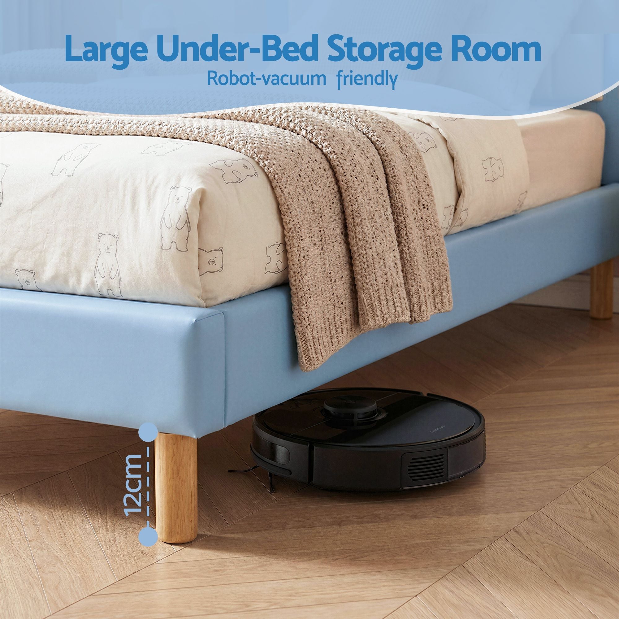 Kids King Single Bed Frame Upholstered Bear Headboard Waterproof Leather Boys Bed 180kg Capacity Blue and White
