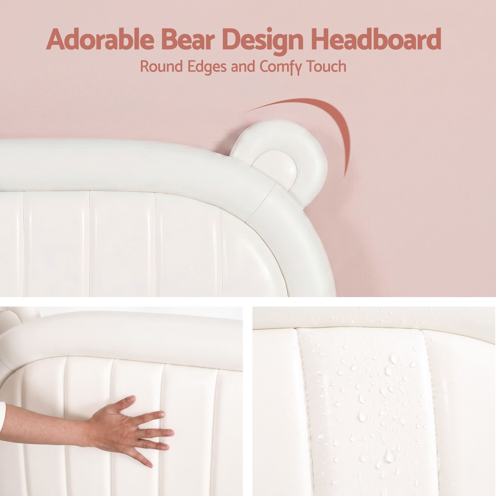 Kids King Single Bed Frame Bear Ears Headboard Upholstered Leather Platform Bed for Child