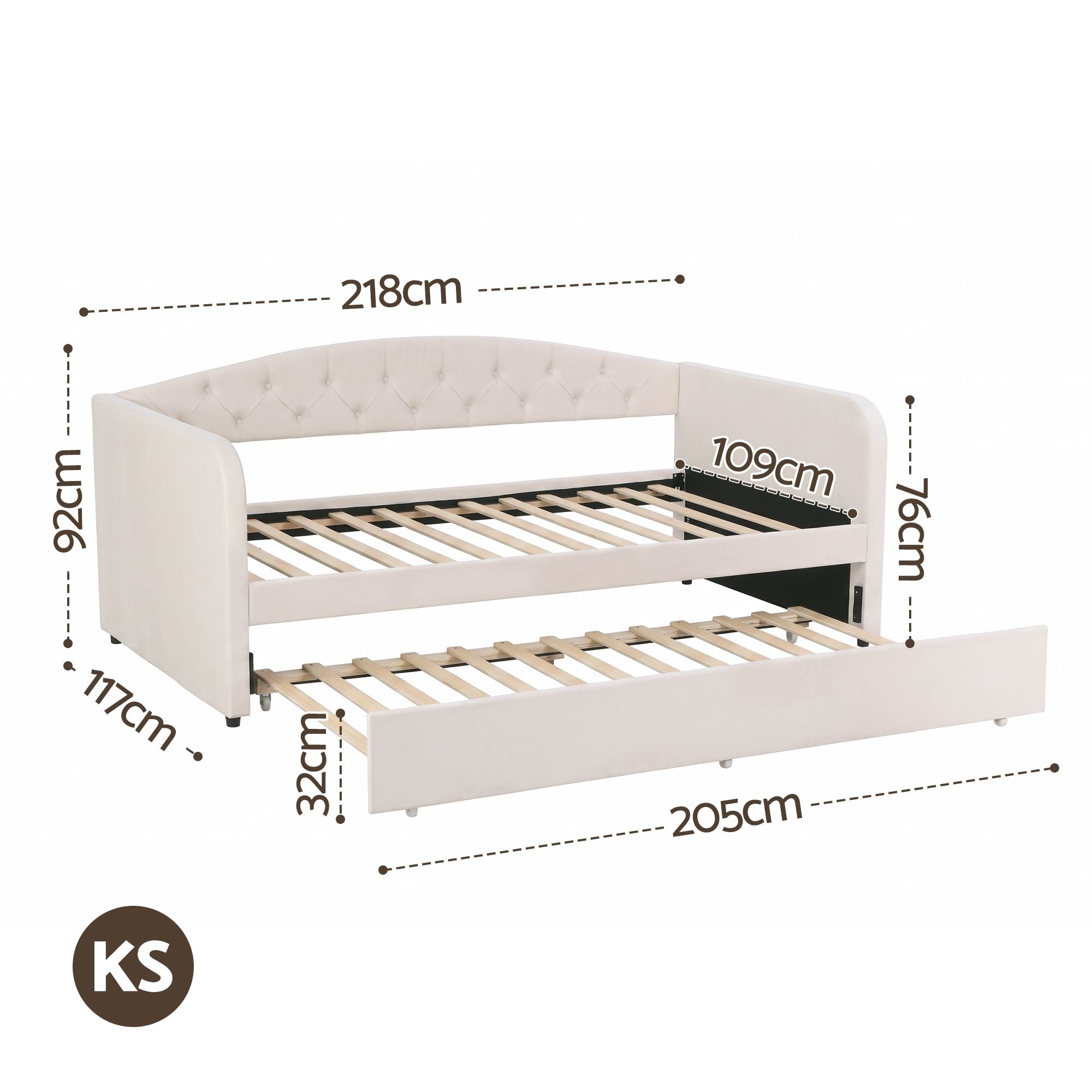 King Single Daybed Velvet Trundle Bed Frame Tufted Guest Bed