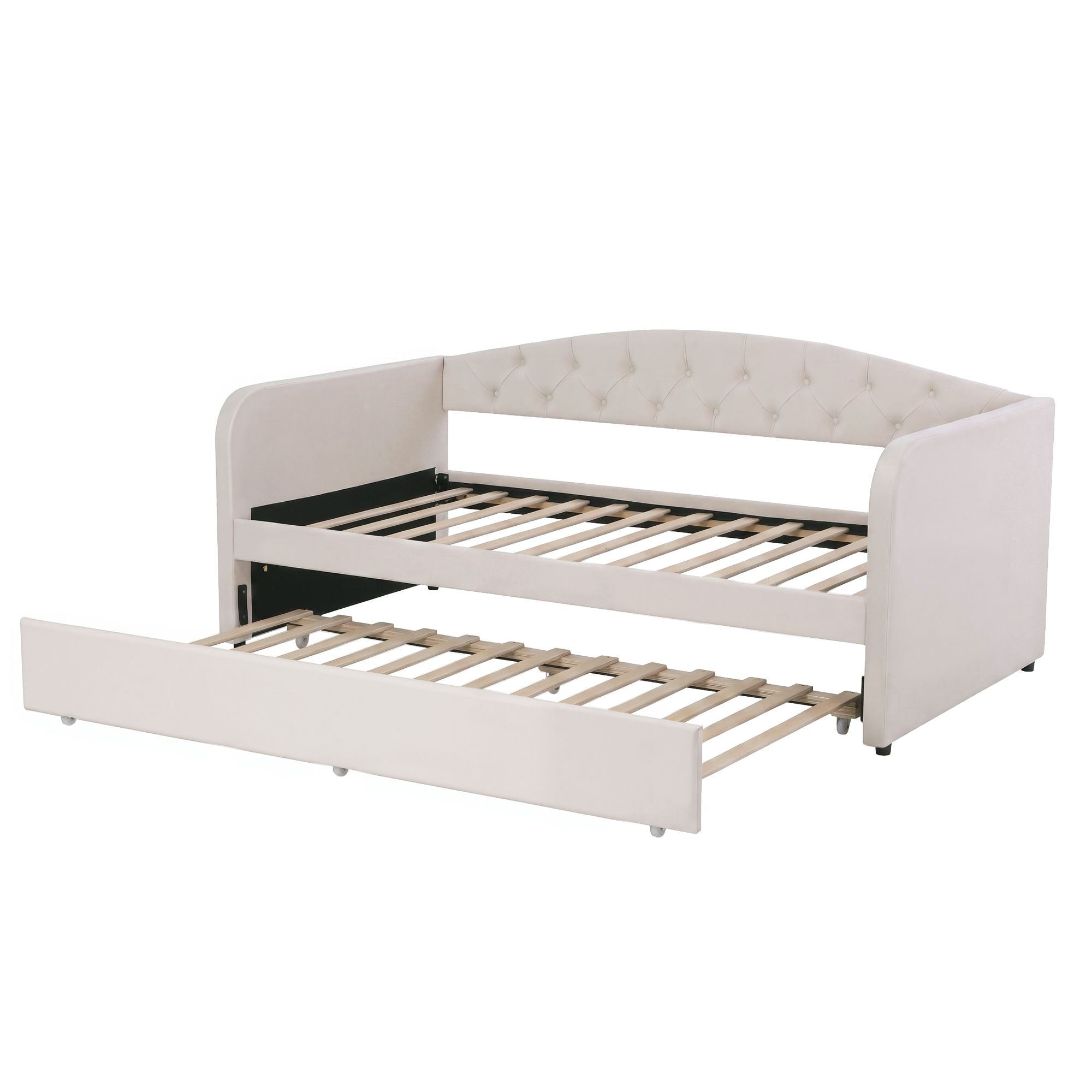 Single Daybed Velvet Trundle Bed Frame Tufted Guest Bed