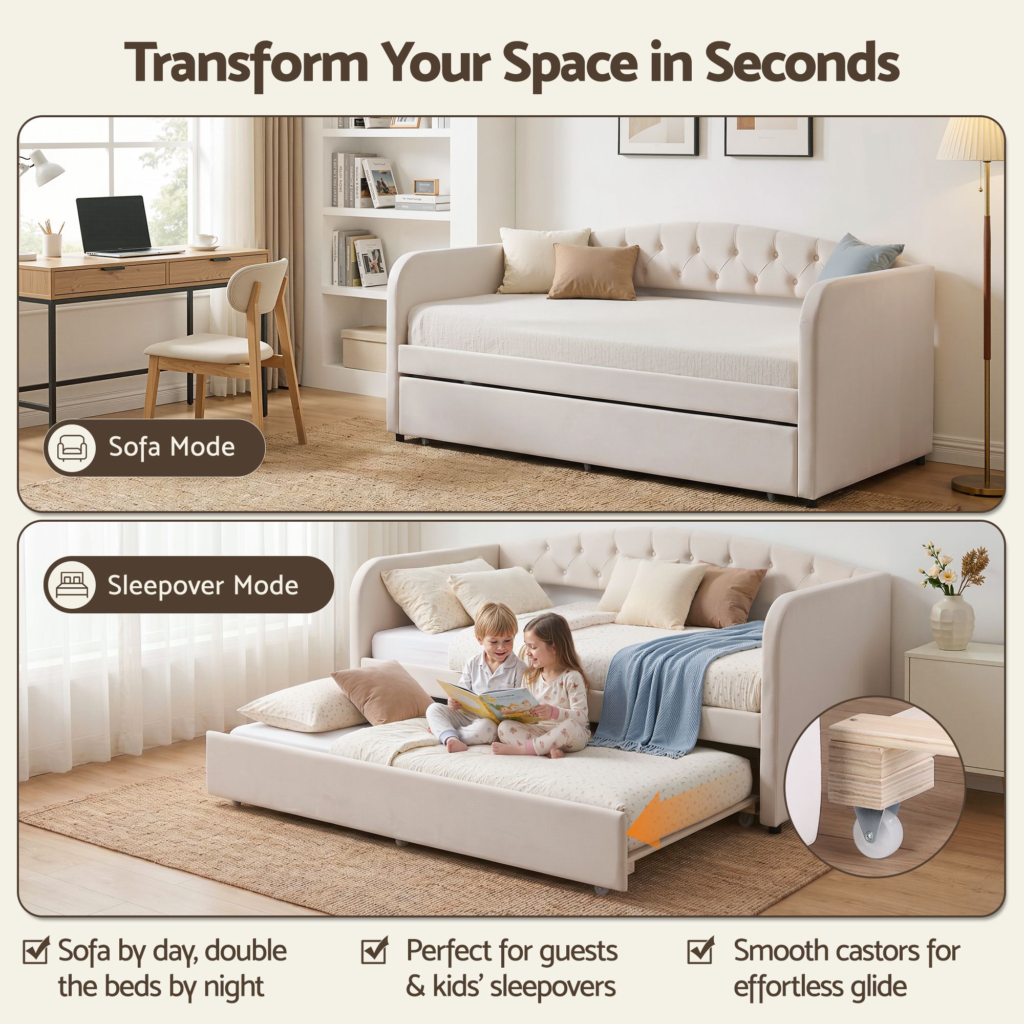 Single Daybed Velvet Trundle Bed Frame Tufted Guest Bed