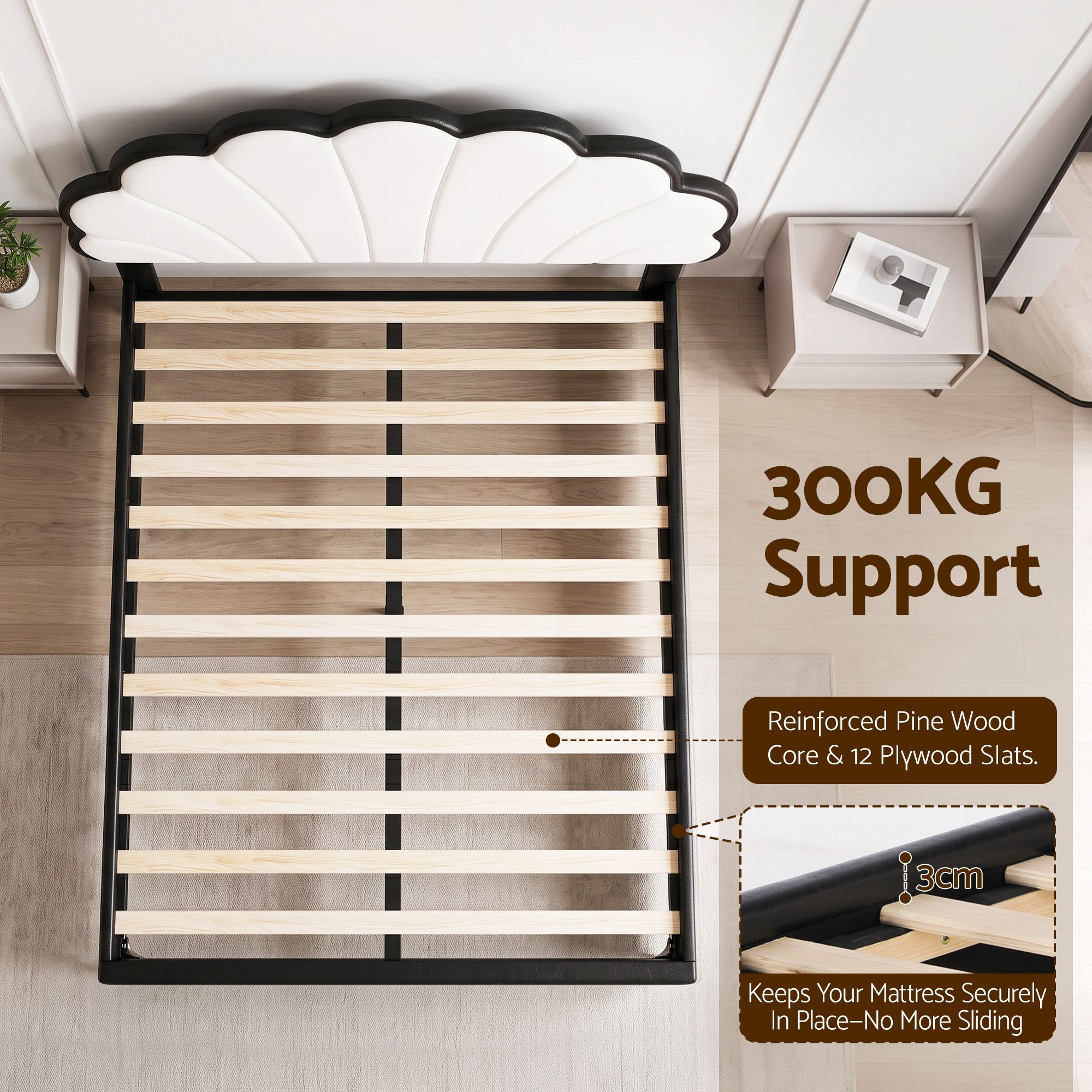 Double Bed Frame with Adjustable Shell Headboard and PVC Upholstery