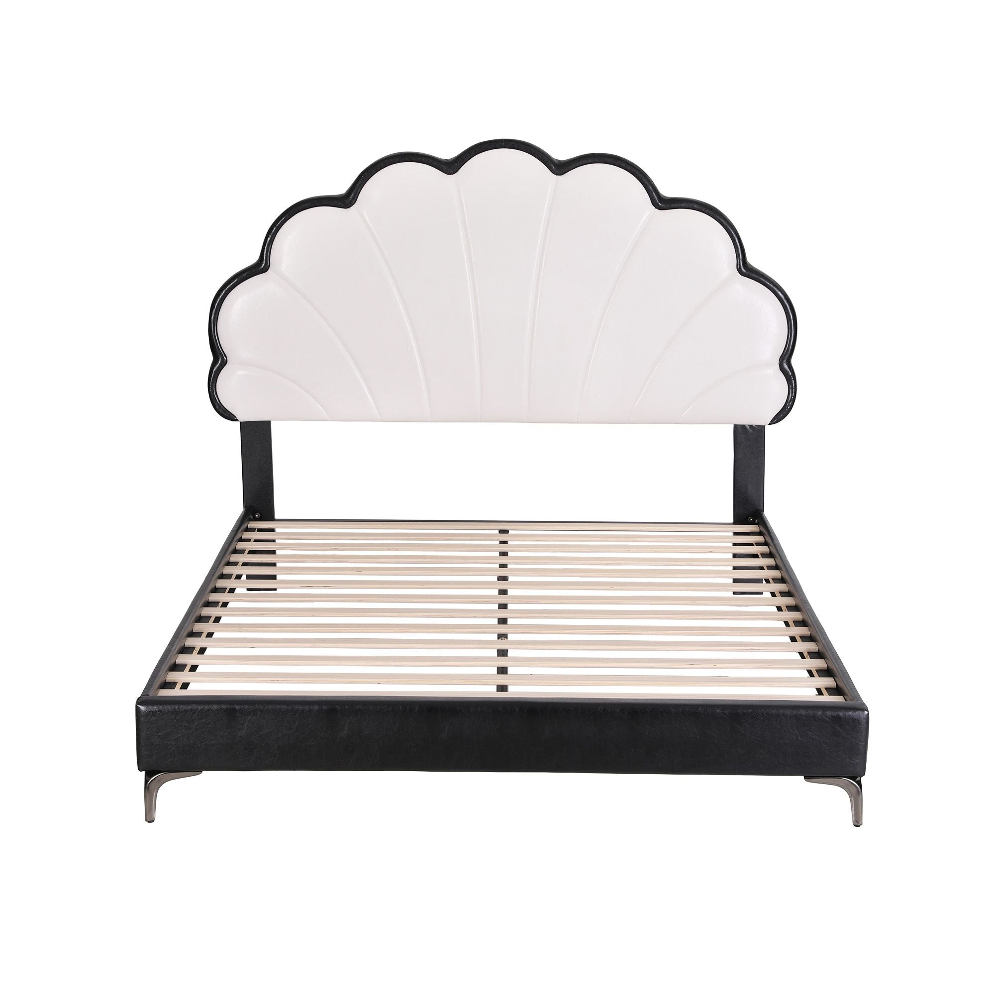 Queen Bed Frame with Adjustable Shell Headboard and PVC Upholstery