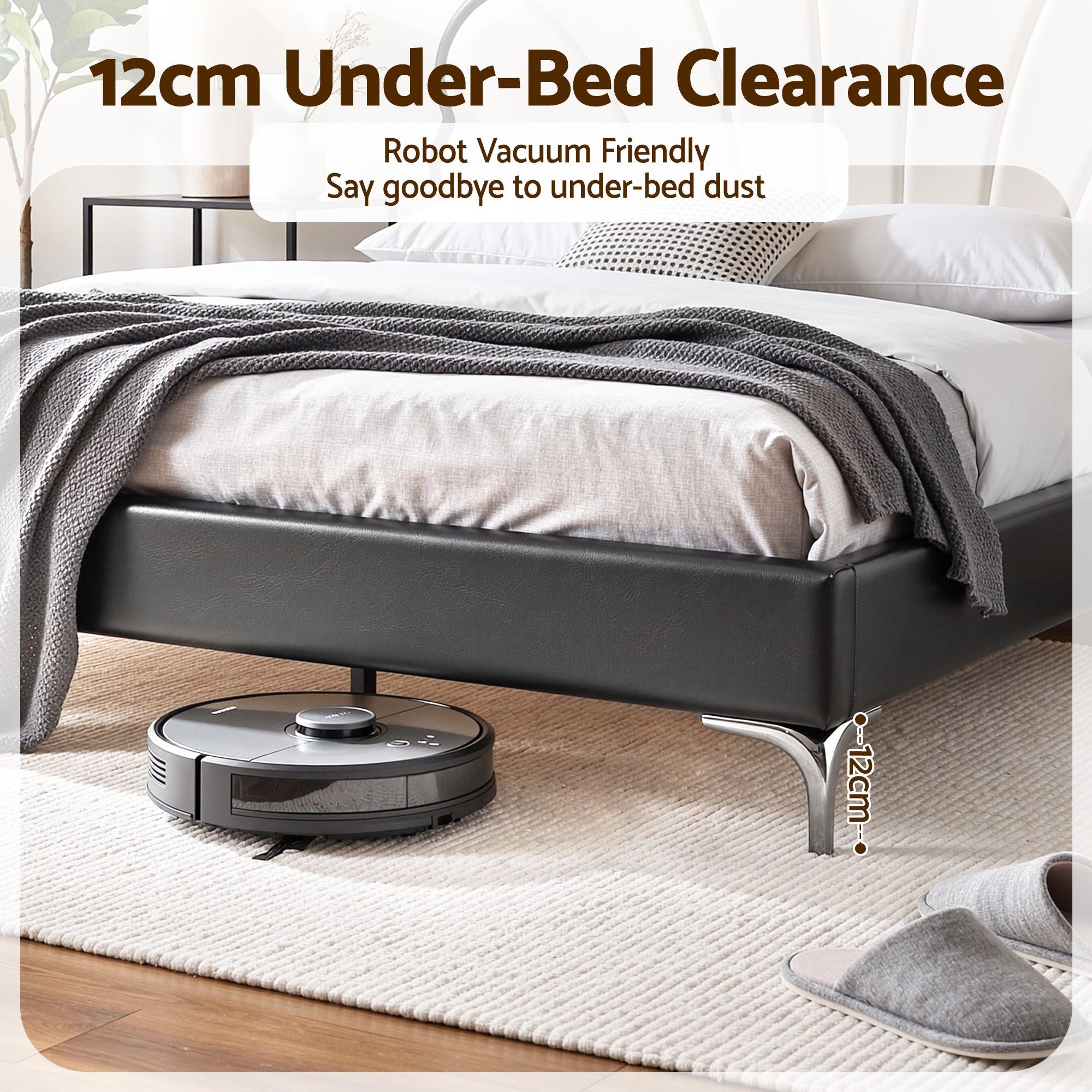 Queen Bed Frame with Adjustable Shell Headboard and PVC Upholstery