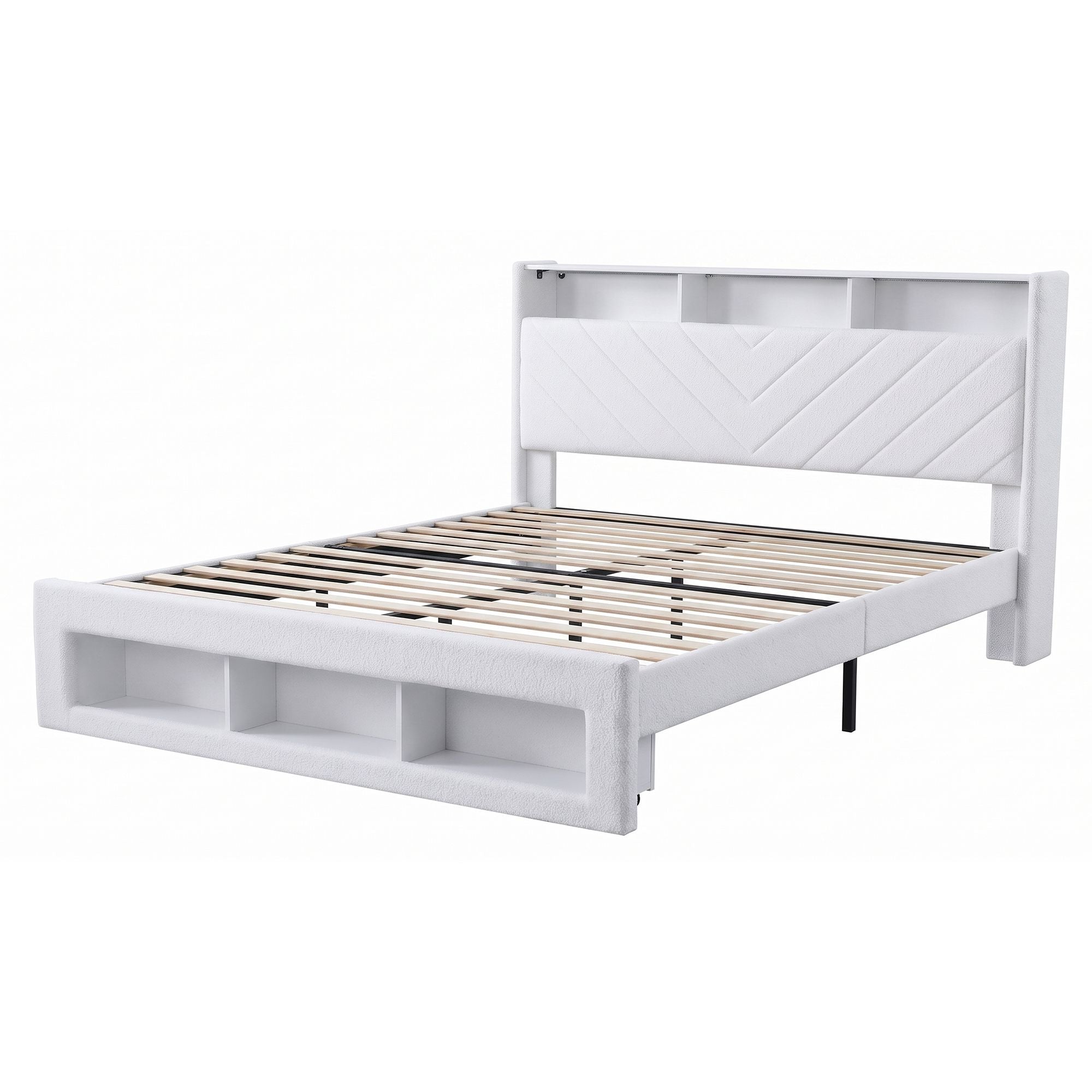 King Bed Frame with Storage, LED Mood Lighting & Charging Station - White