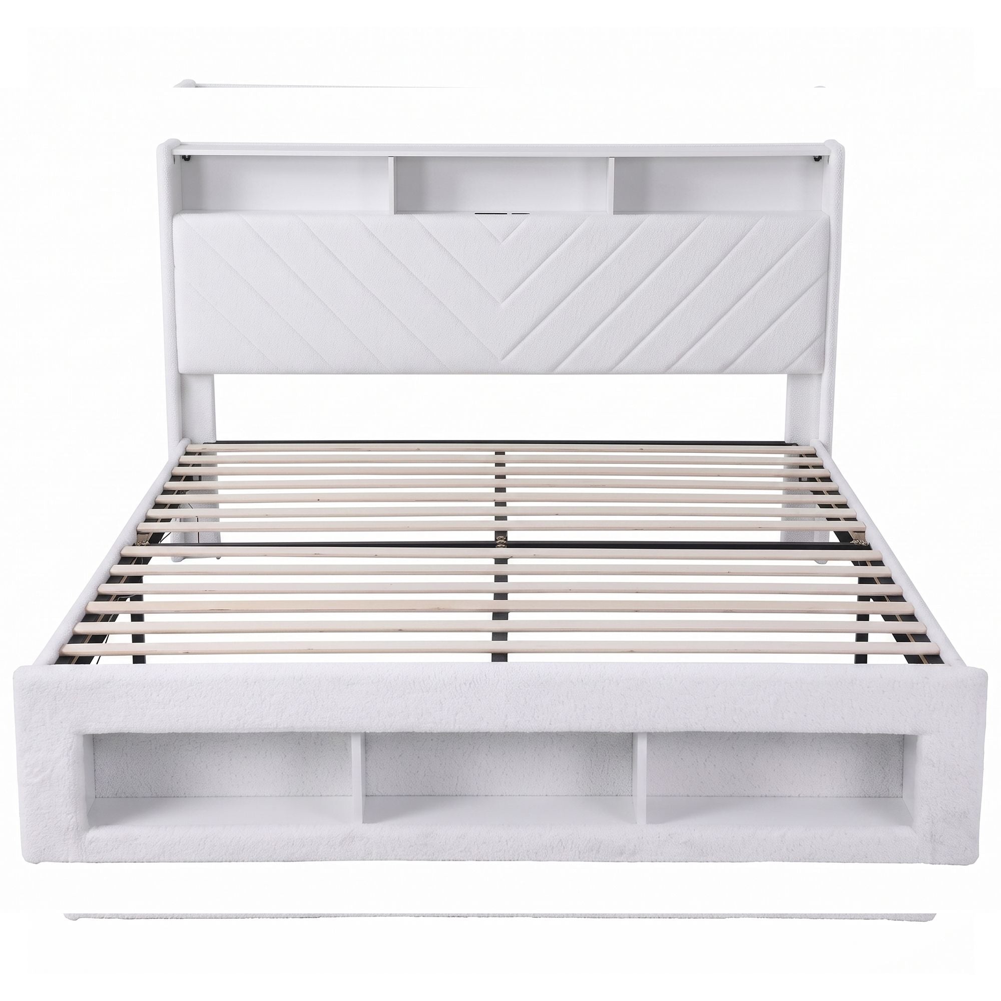 King Bed Frame with Storage, LED Mood Lighting & Charging Station - White