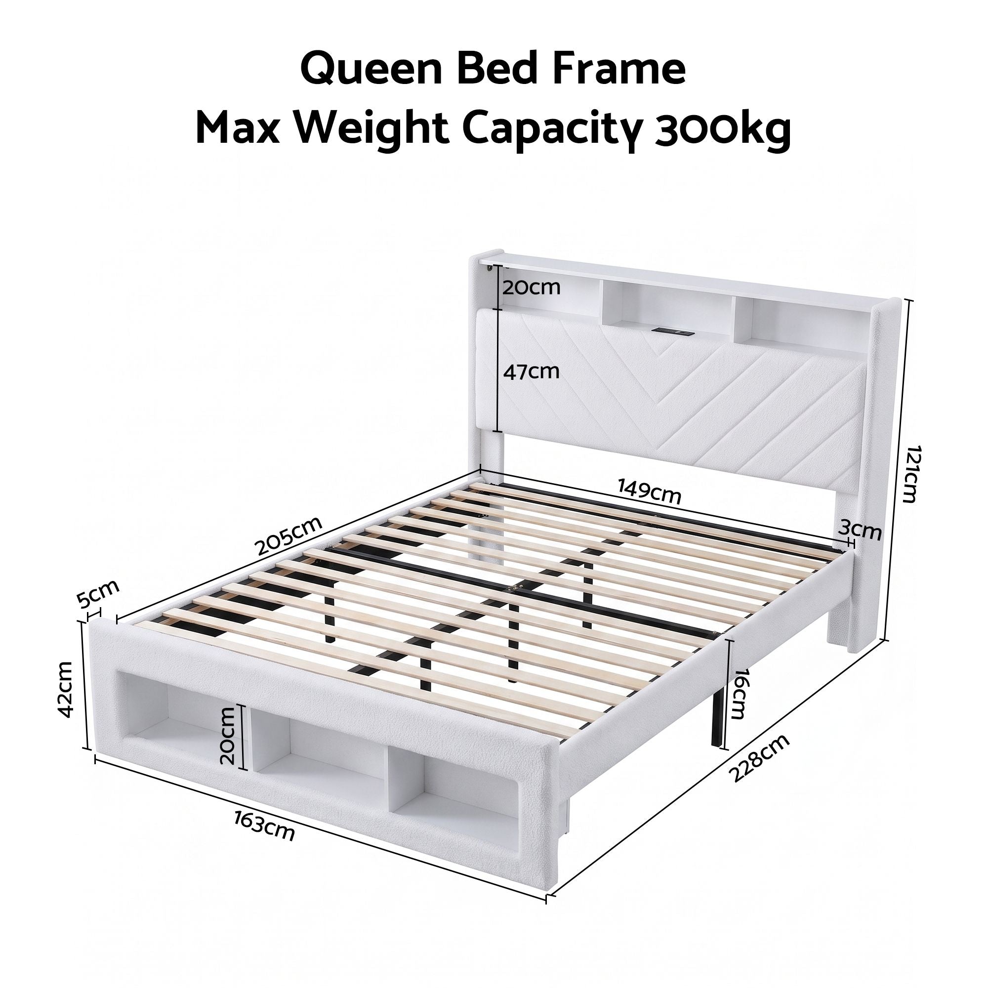 Queen Bed Frame with Storage, Charging Station & LED Lighting - White