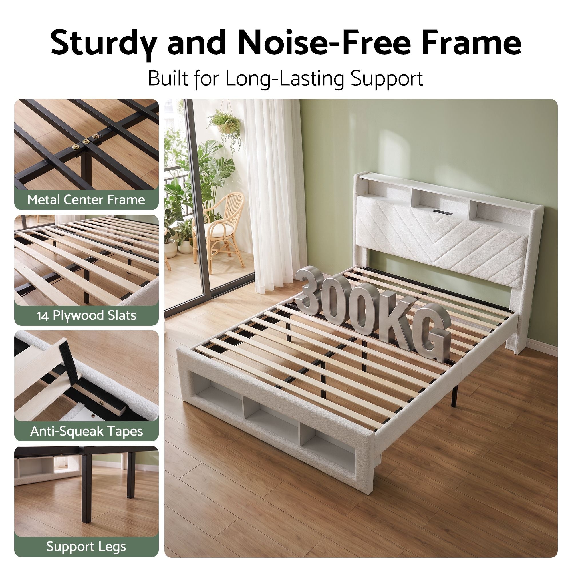 Queen Bed Frame with Storage, Charging Station & LED Lighting - White