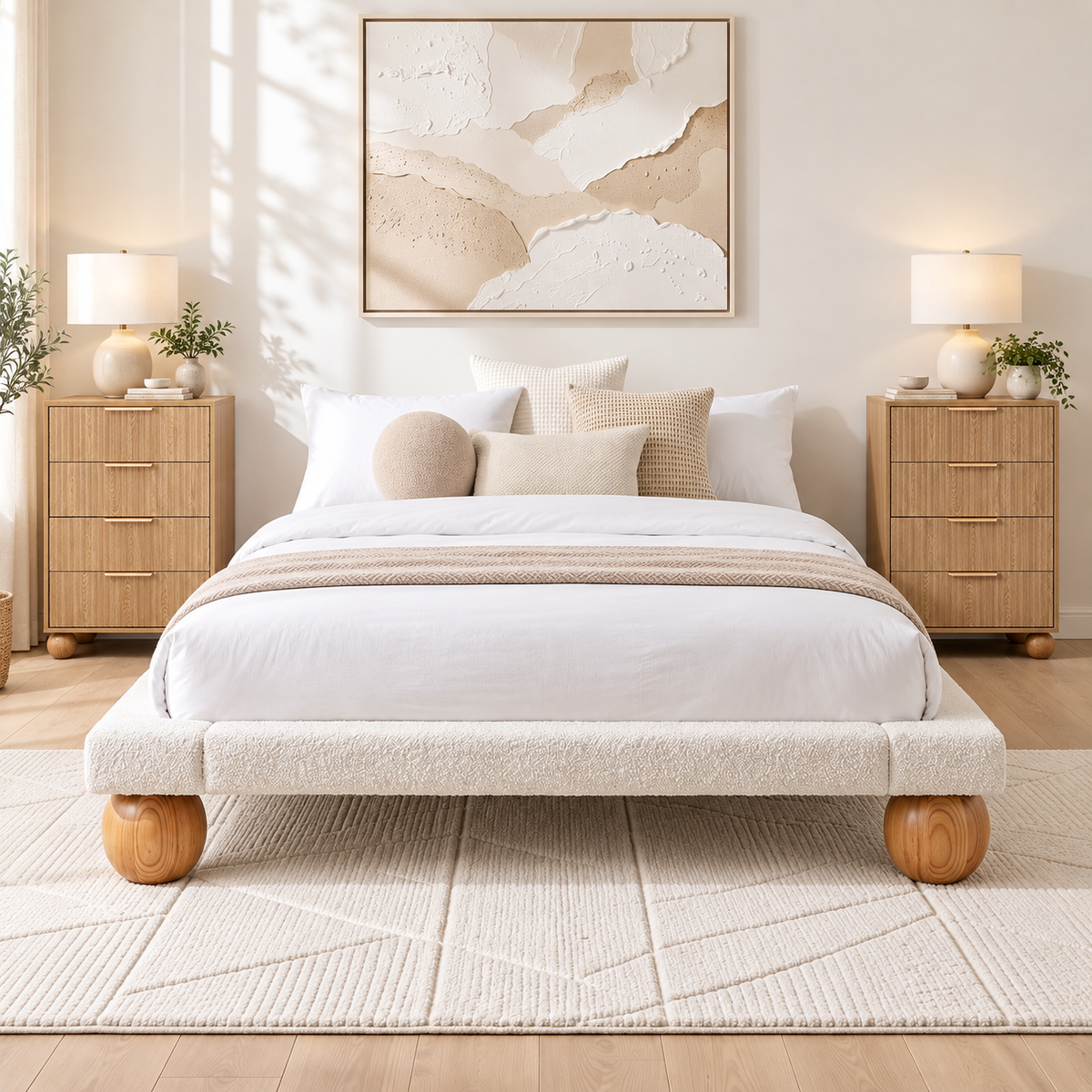 Queen Bed Frame and 2 Chest of Drawers Set with Bouclé Upholstery Platform Bed