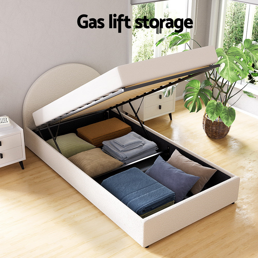 Ella Gas Lift King Single Bed Frame - Beige Bouclé Upholstery