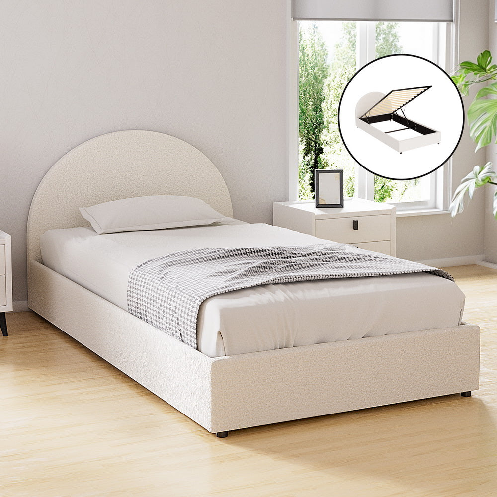 Ella Gas Lift King Single Bed Frame - Beige Bouclé Upholstery