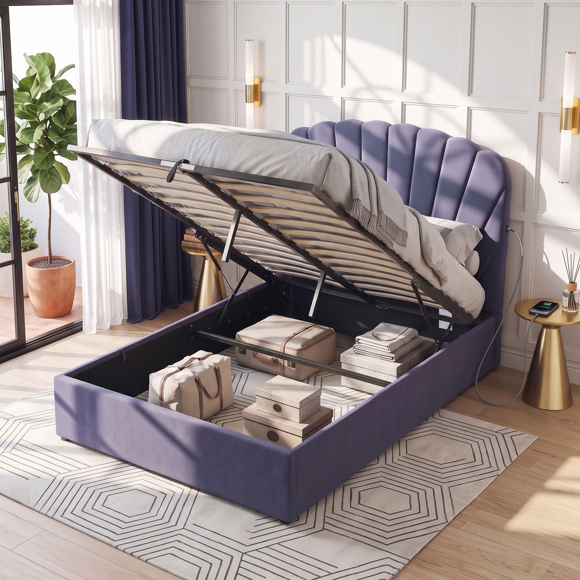 Double Bed Frame with Lift-Up Storage and USB Charging Ports - Grey