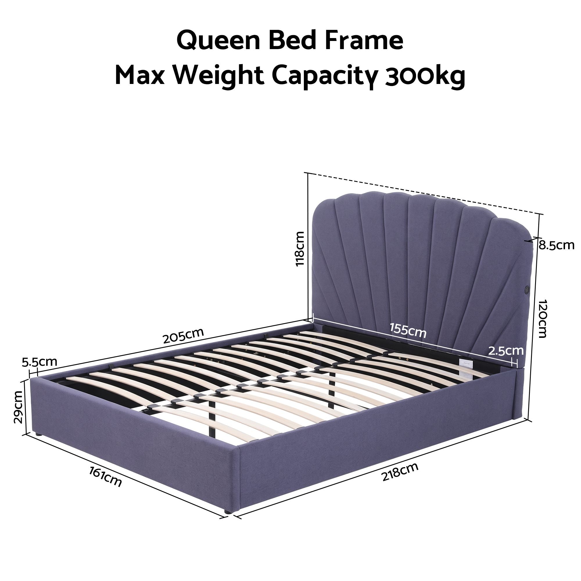 Queen Upholstered Bed Frame with Lift-Up Storage and USB Ports - Grey