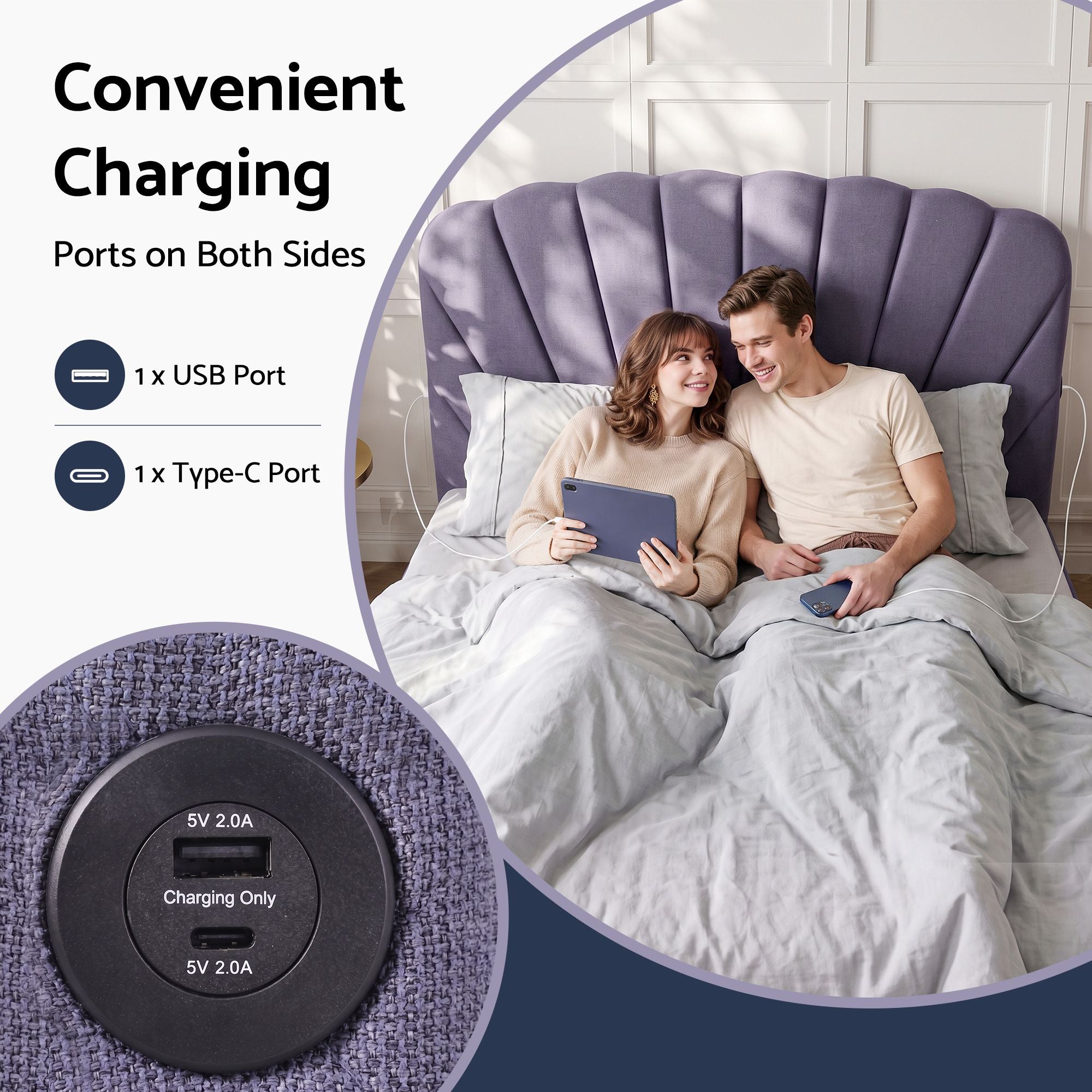 Queen Upholstered Bed Frame with Lift-Up Storage and USB Ports - Grey