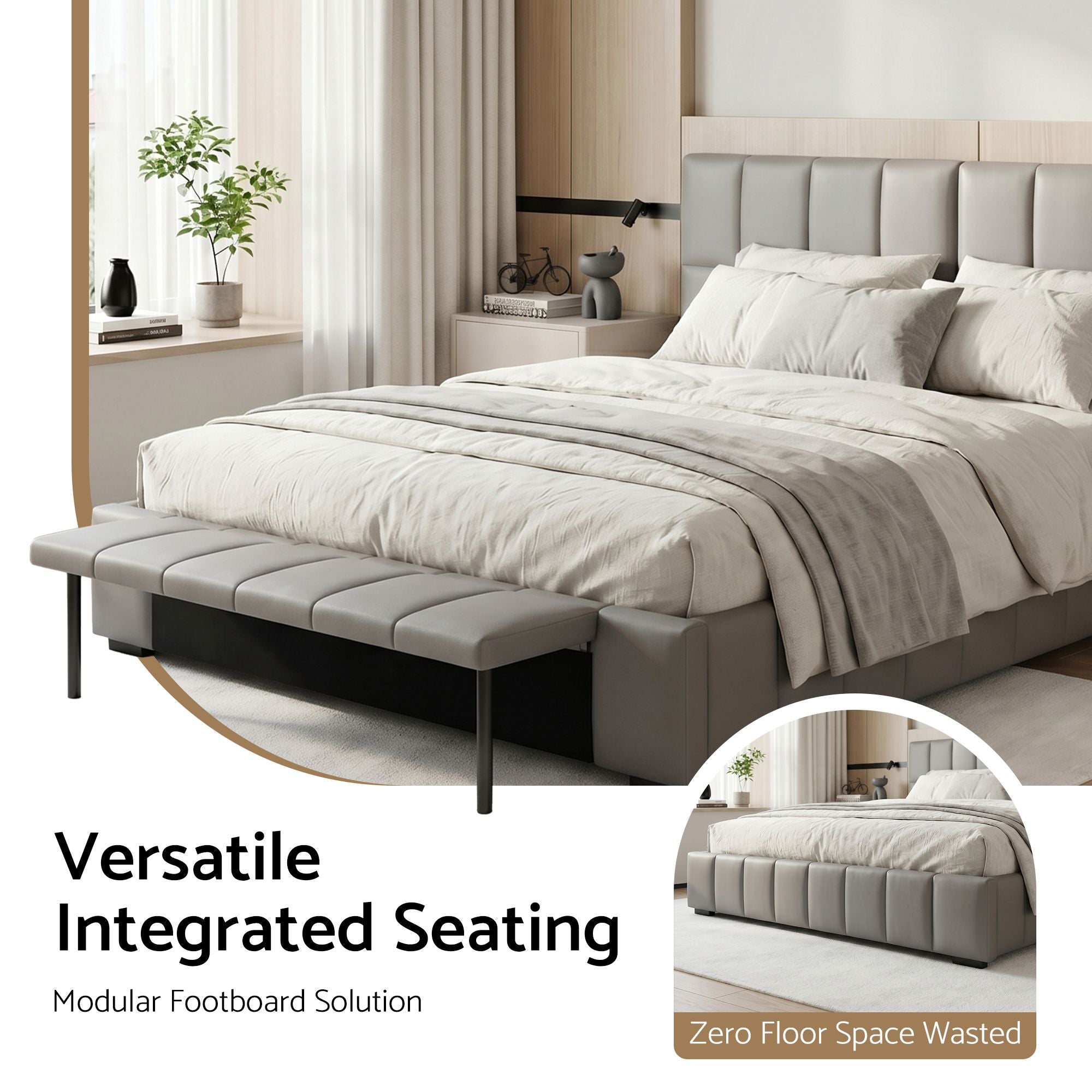 Double Size Upholstered Gas Lift Bed Frame with Foldable Bench PVC Leather Platform Bed with Storage