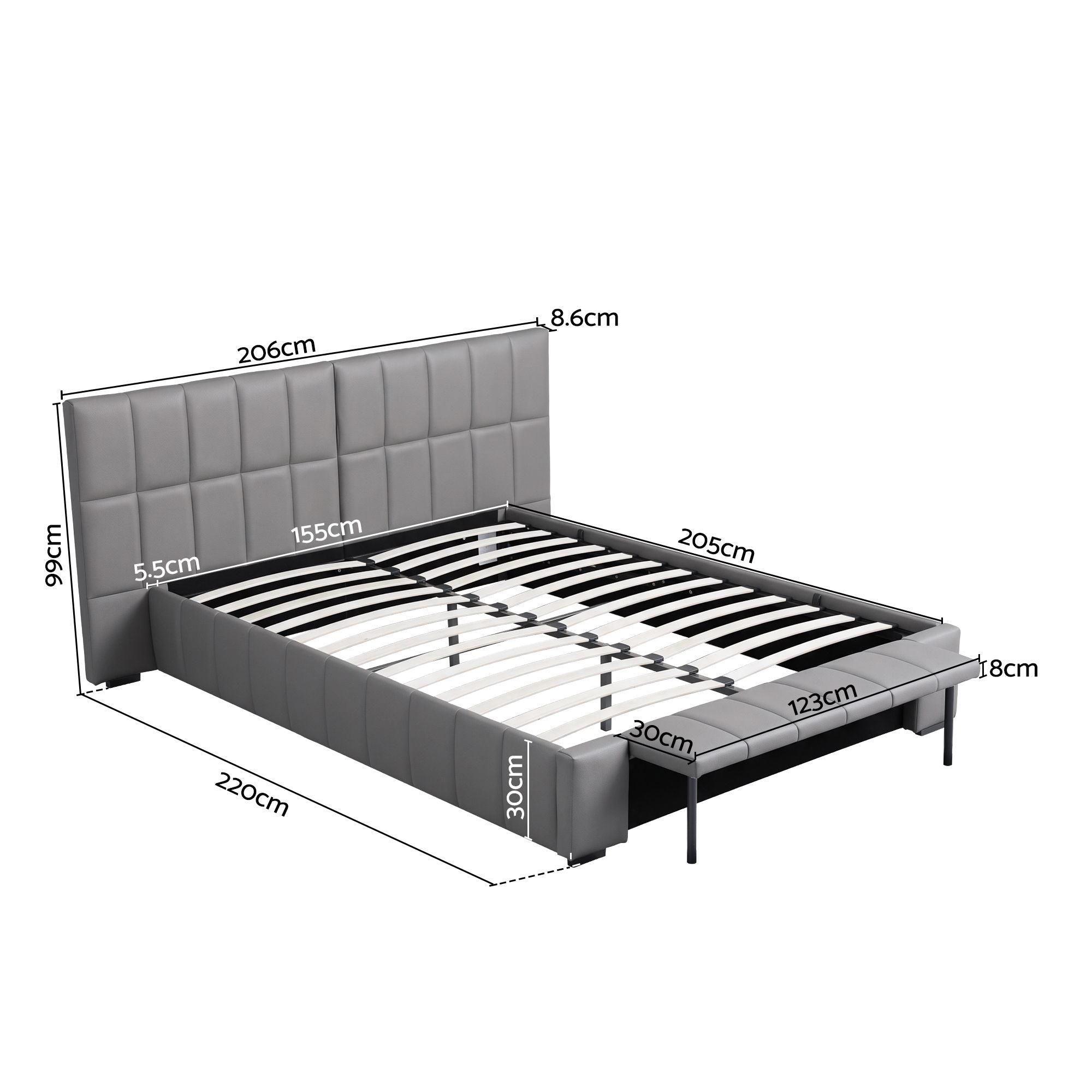 Queen Size Upholstered Gas Lift Bed Frame with Foldable Bench PVC Leather Platform Bed with Storage