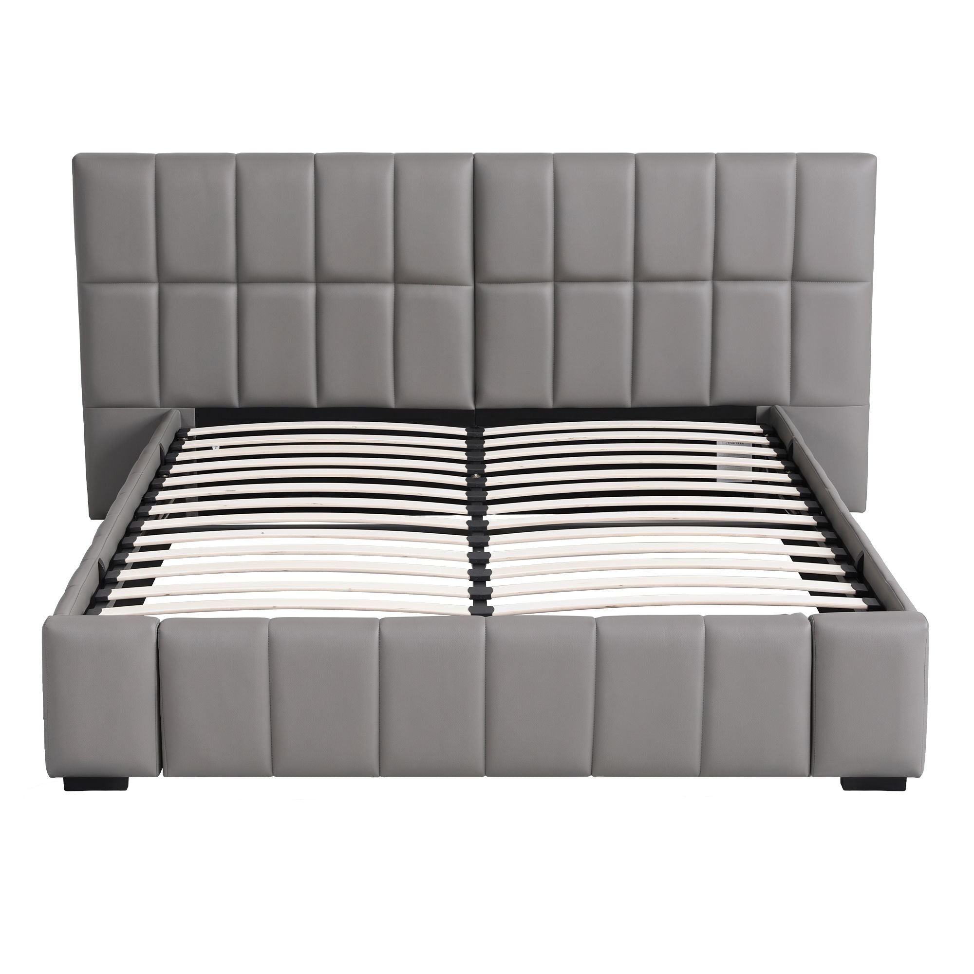Queen Size Upholstered Gas Lift Bed Frame with Foldable Bench PVC Leather Platform Bed with Storage