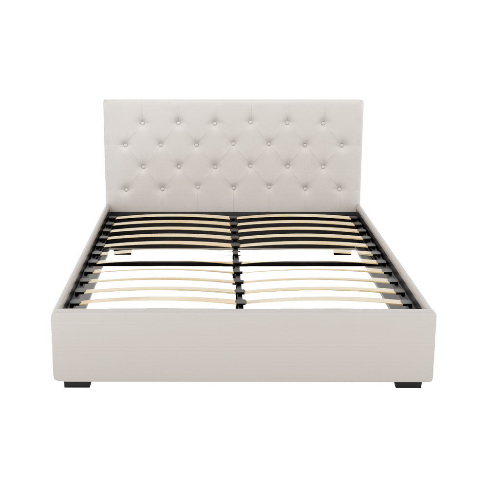 Double Package | Dorilla Gas Lift Storage Bed Frame Beige with tufted headboard and wooden slats from Bedzy bedroom furniture collection